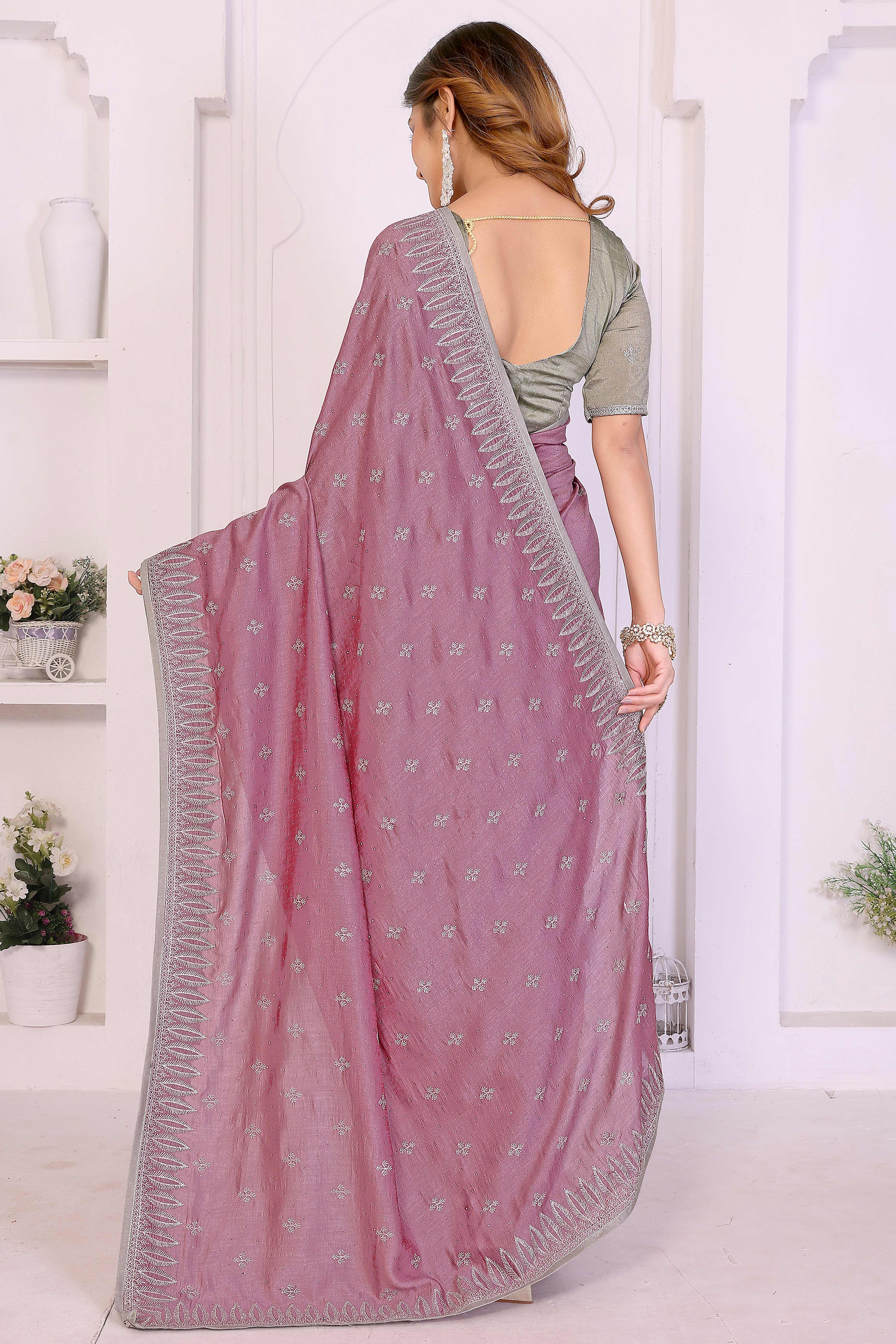 Mauve Designer Vichitra Silk Saree Enhanced with Delicate Thread Work Embroidery - Image 5