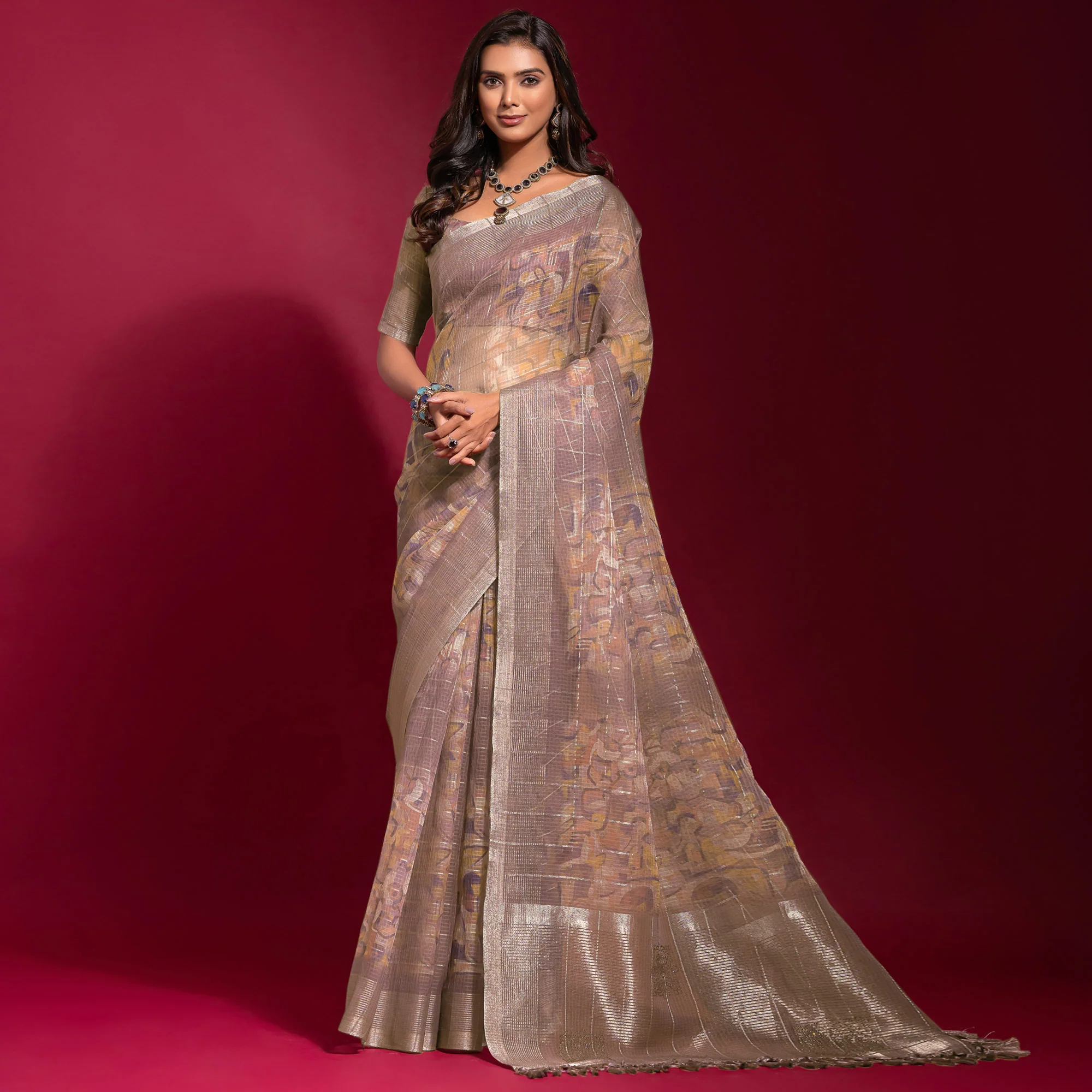 Mauve Digital Printed With Zari Work Linen Saree - Image 2
