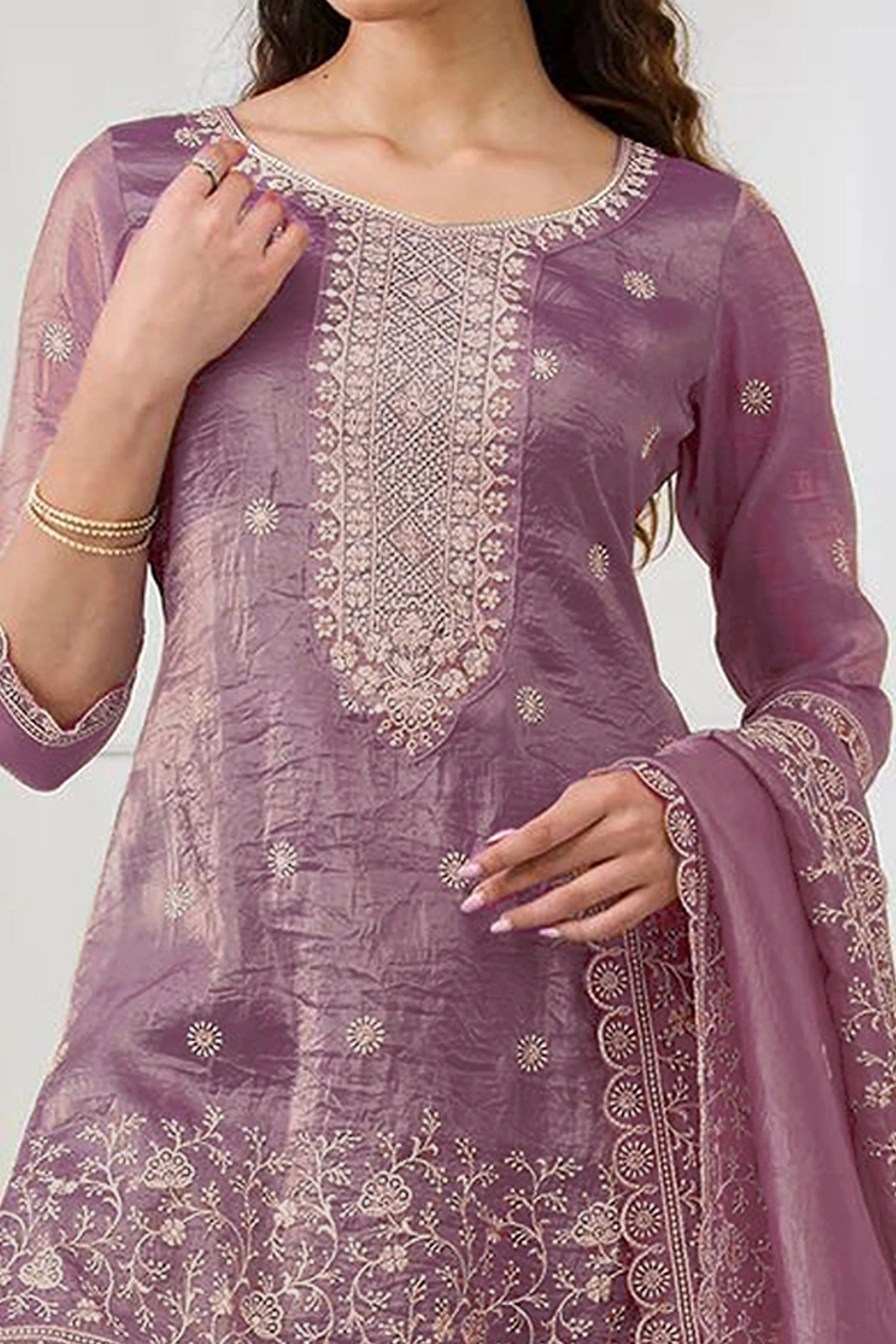 Mauve Elegant Embroidered Georgette Semi-Stitched Salwar Suit with Stylish Palazzo Bottoms - Image 2