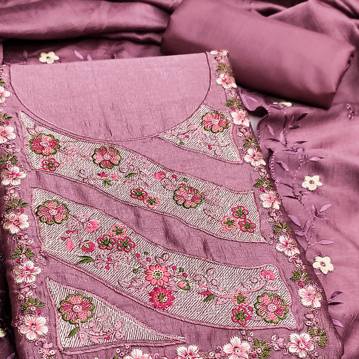 Mauve Embellished Vichitra Silk Dress Material with Graceful Floral Embroidery Work - Image 2