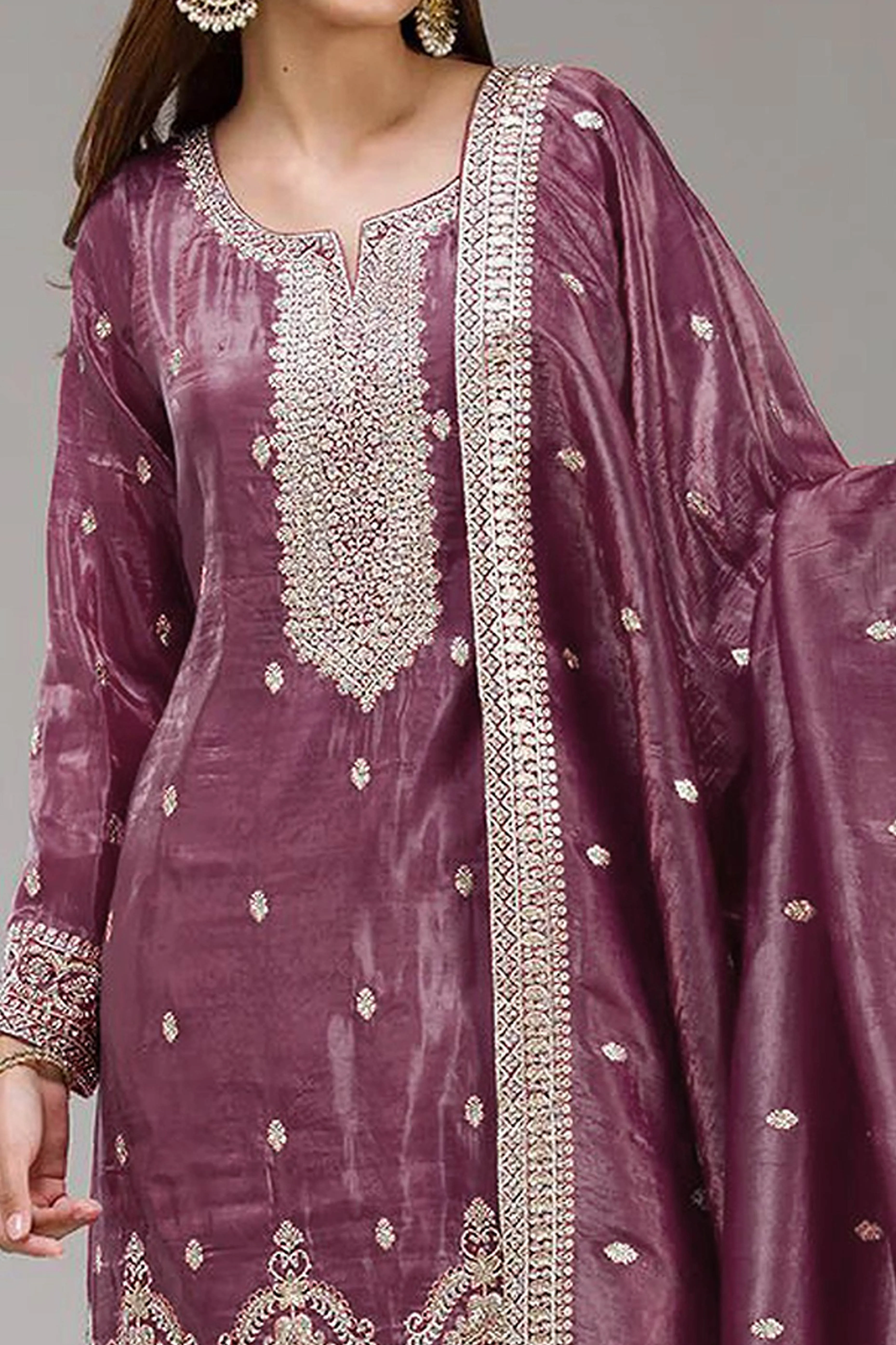 Mauve Embroidered Georgette Palazzo Style Semi-Stitched Salwar Suit for Graceful Occasions - Image 2
