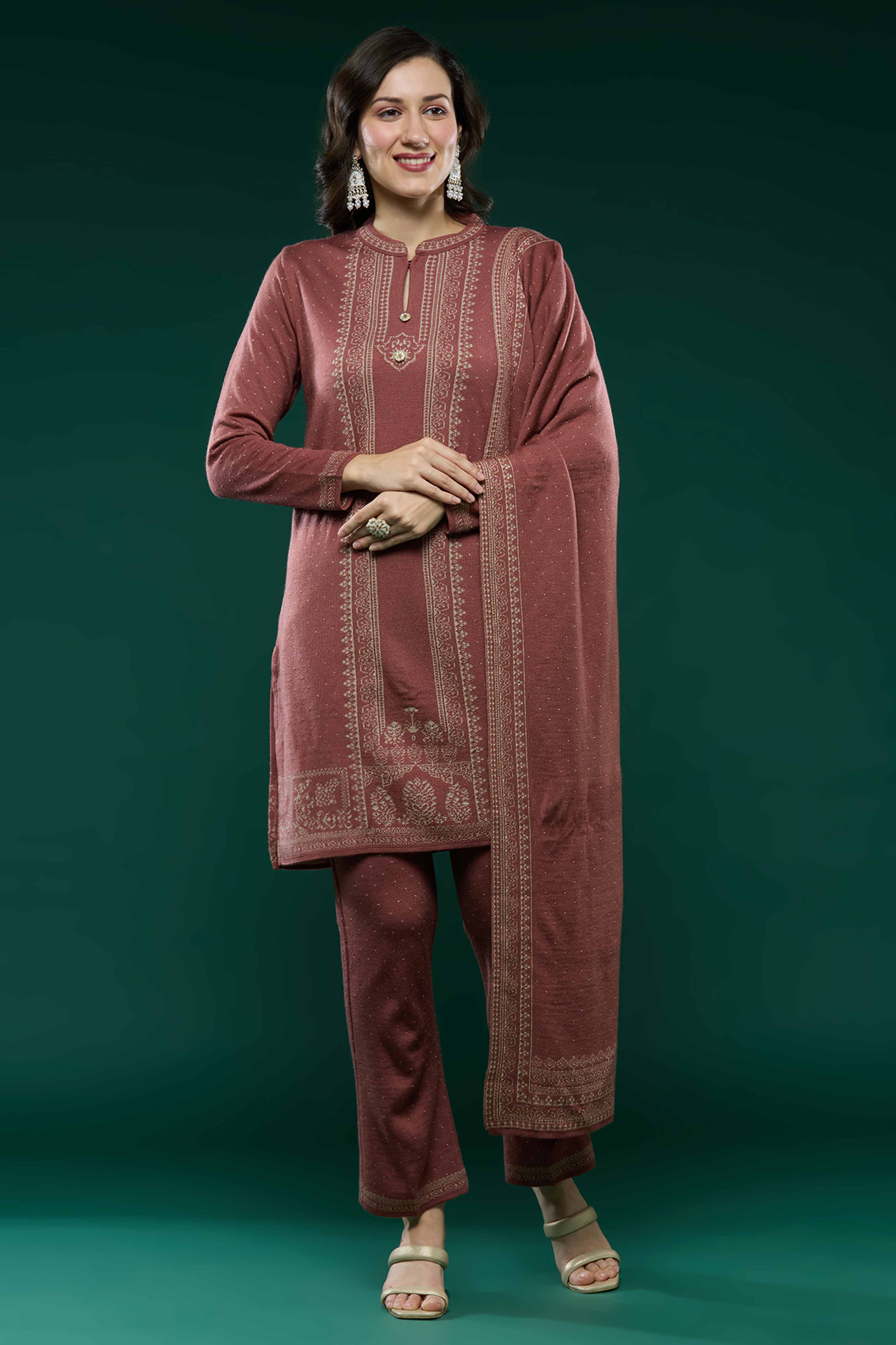 Mauve Woven Woolen Straight Salwar Suit - Image 6