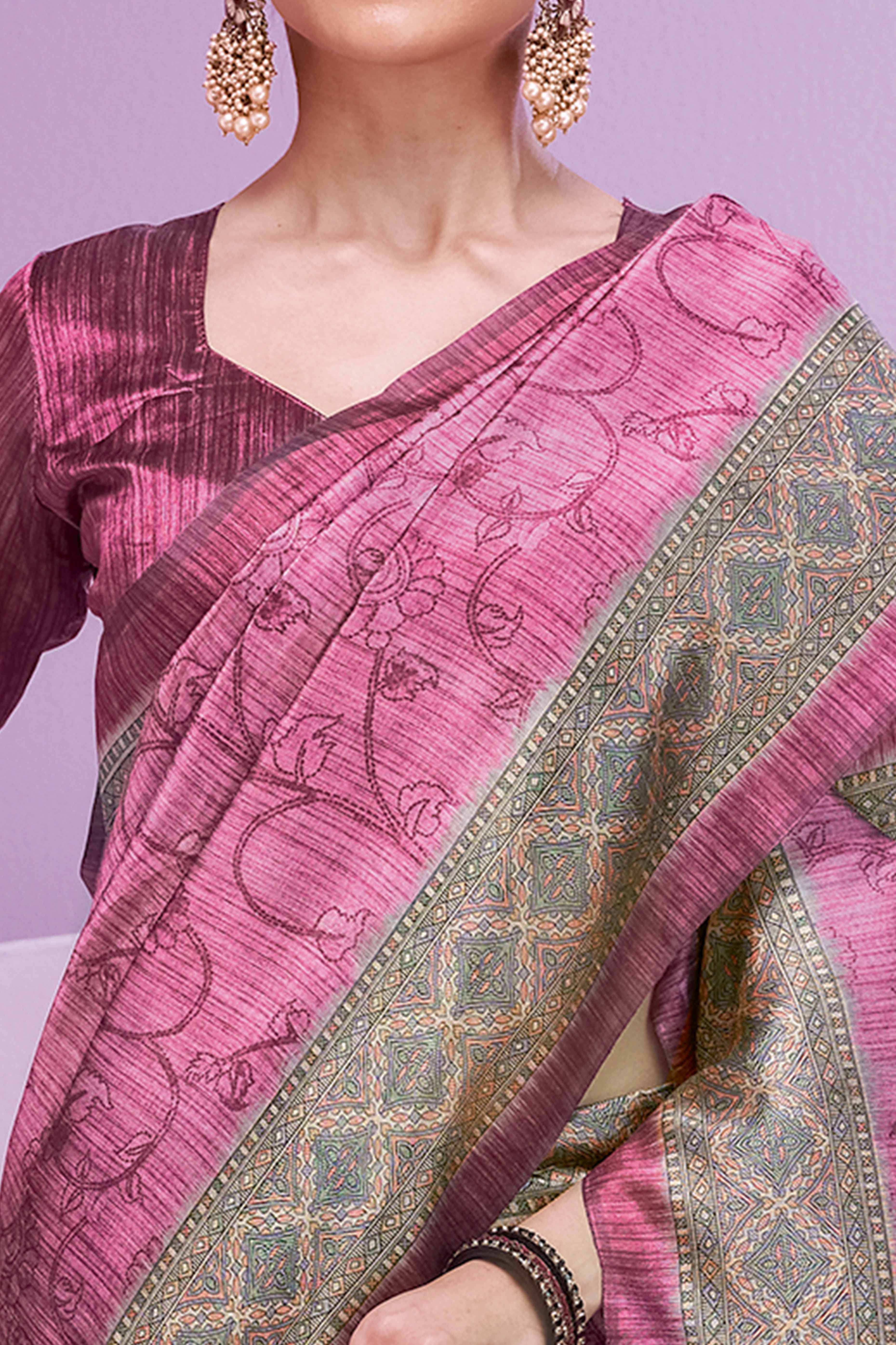 Mauve Ethnic Cotton Silk Saree Adorned with Madhubani Florals Print - Image 2