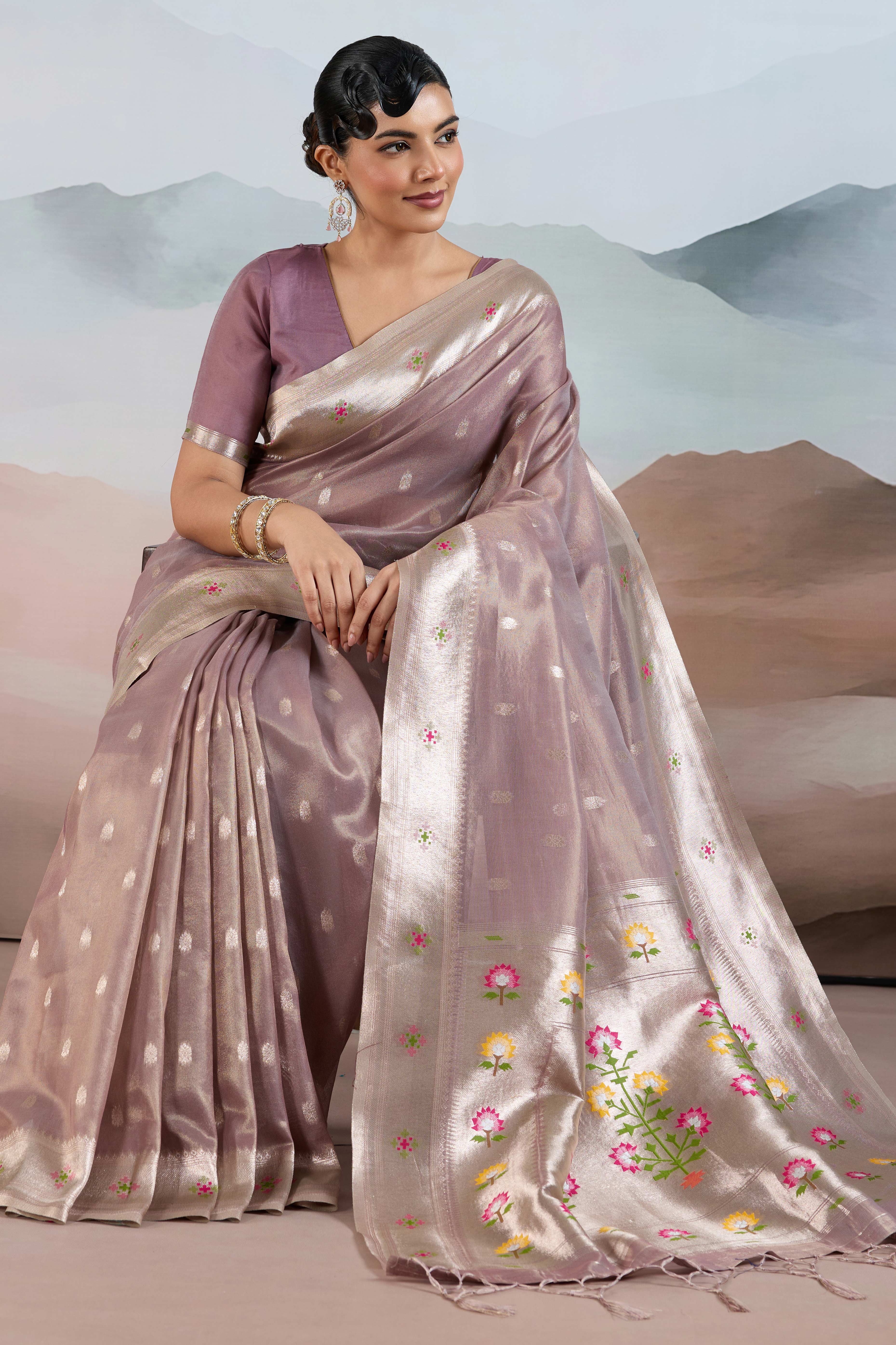 Mauve Festive Tissue Saree Crafted with Artistic Zari Butti Weaving and a Featherlight Texture - Image 4