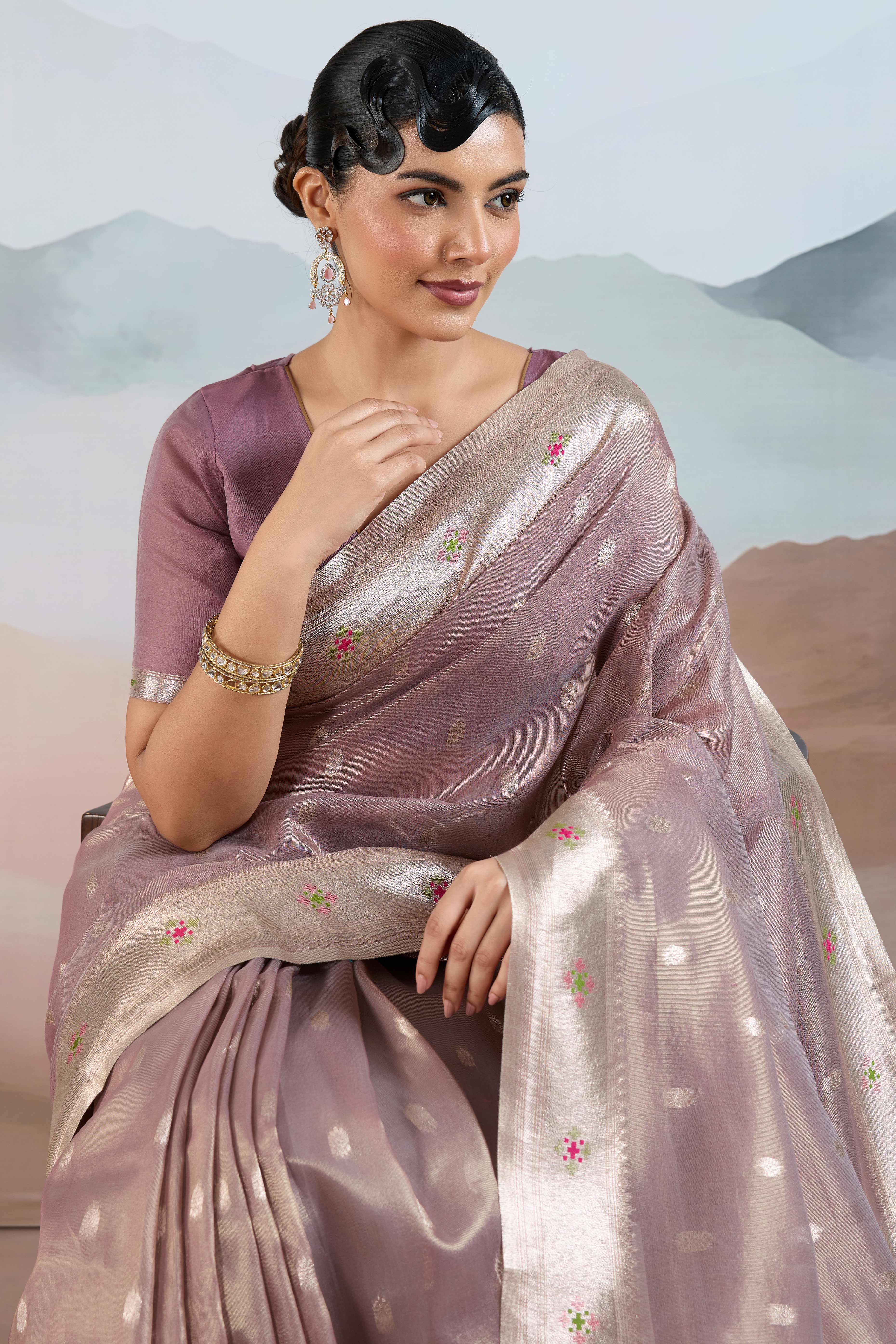 Mauve Festive Tissue Saree Crafted with Artistic Zari Butti Weaving and a Featherlight Texture - Image 6