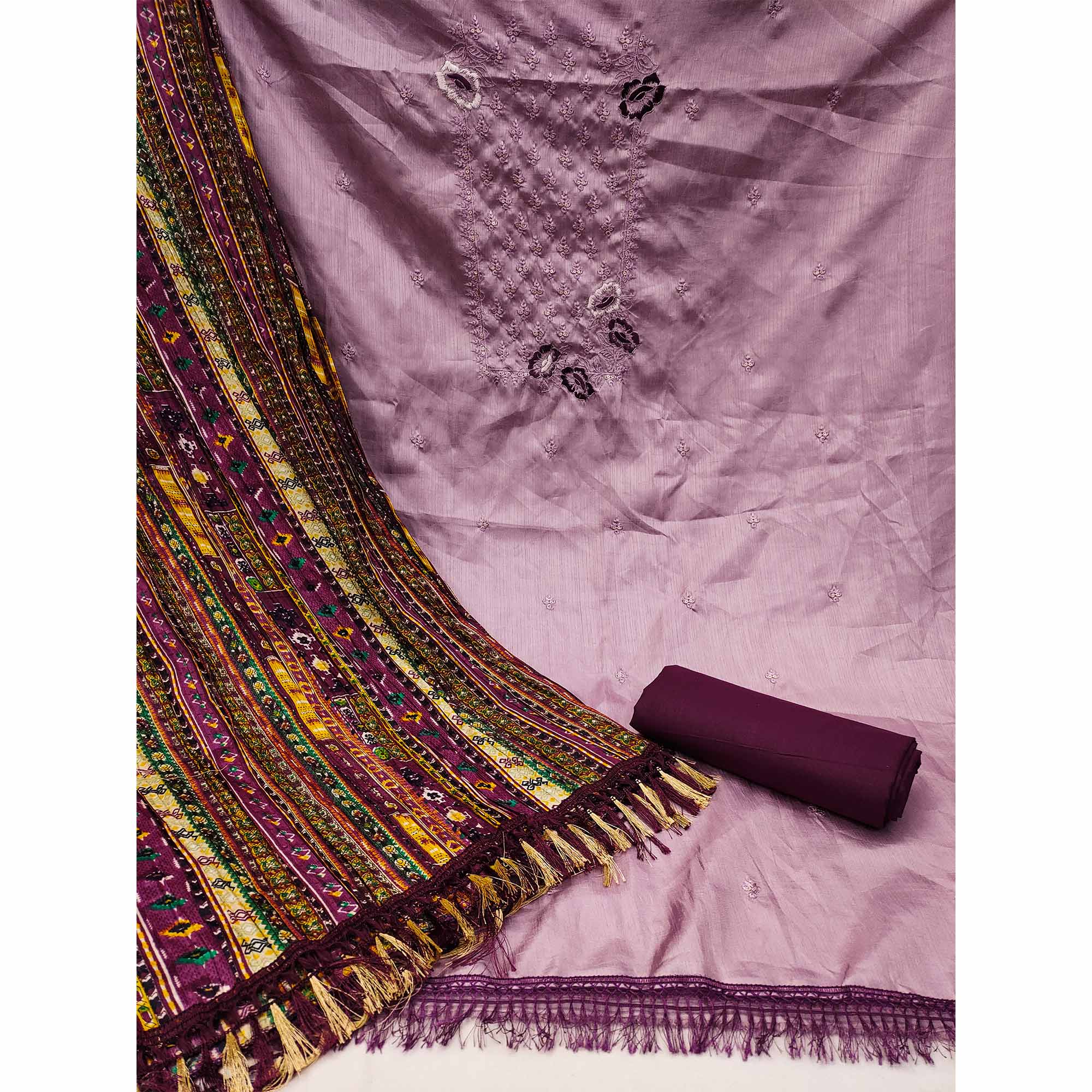 Mauve Floral Embroidered Art Silk Dress Material - Image 4