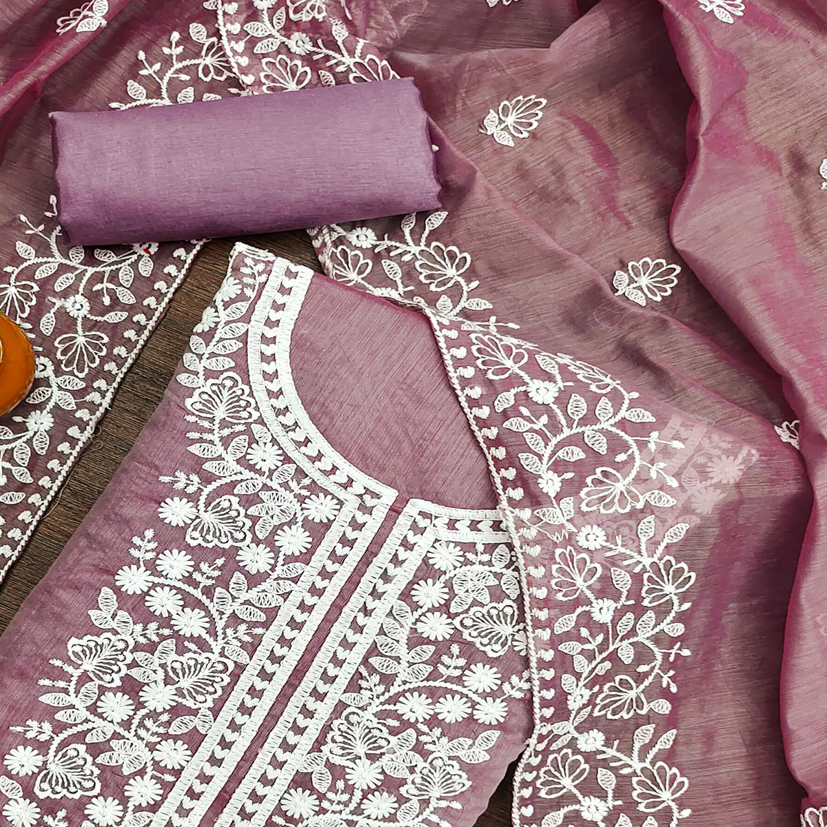 Mauve Floral Embroidered Chanderi Cotton Dress Material - Image 2