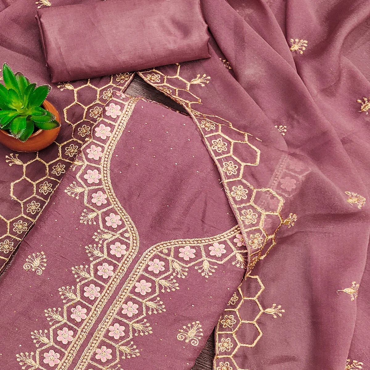 Mauve Floral Embroidered Georgette Dress Material - Image 2
