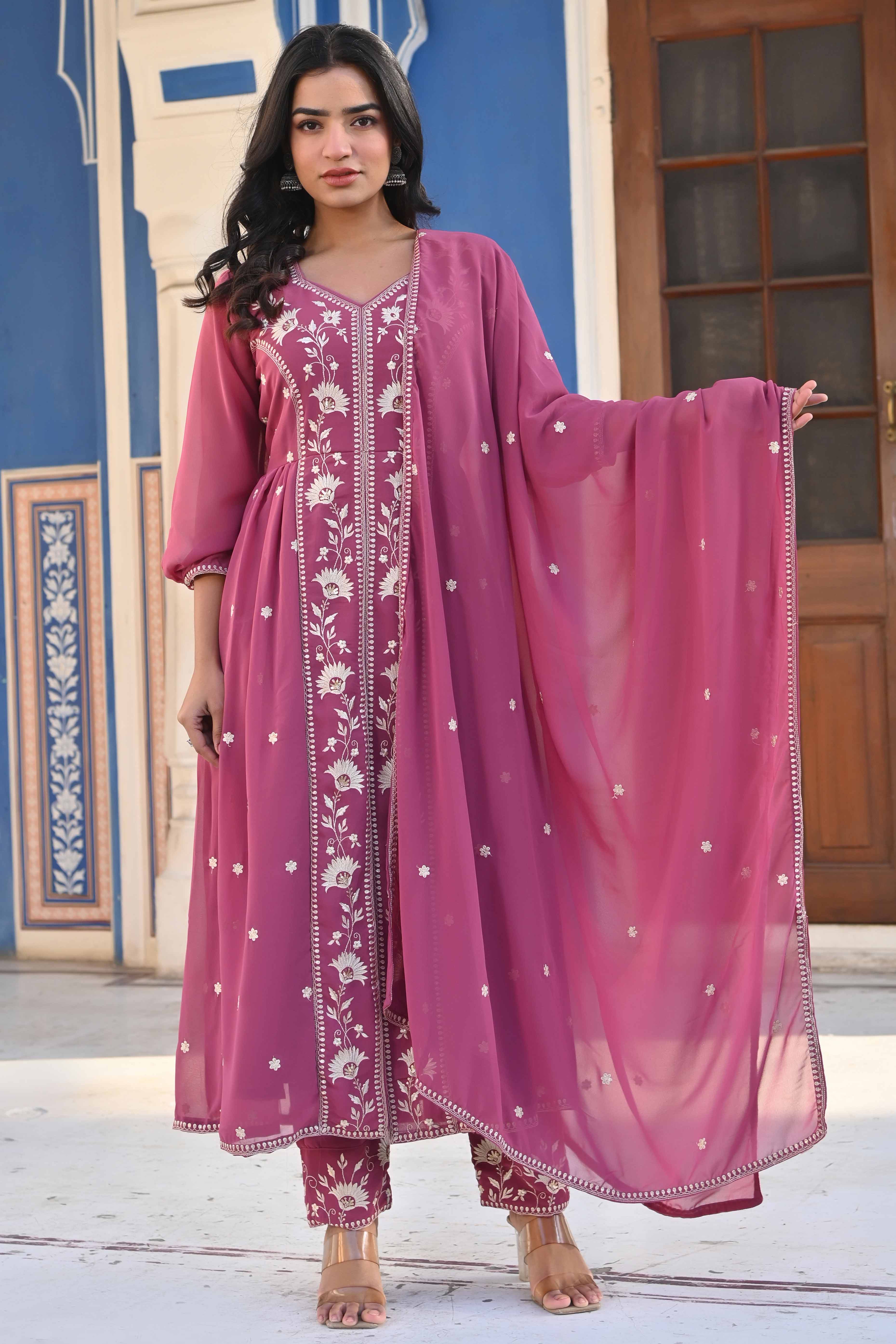Mauve Floral Embroidered Georgette Front Slit Salwar Suit - Image 3