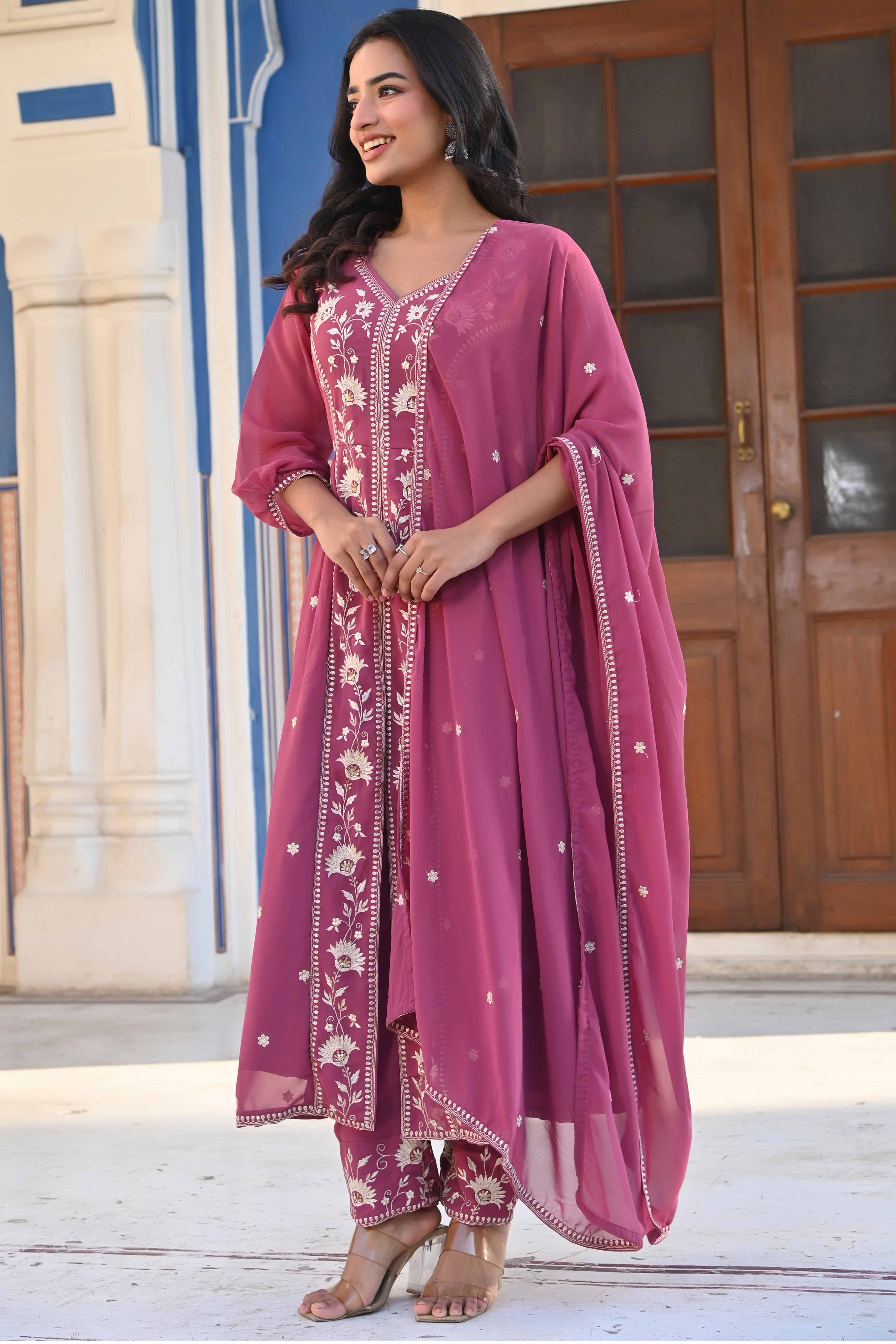 Mauve Floral Embroidered Georgette Front Slit Salwar Suit - Image 4