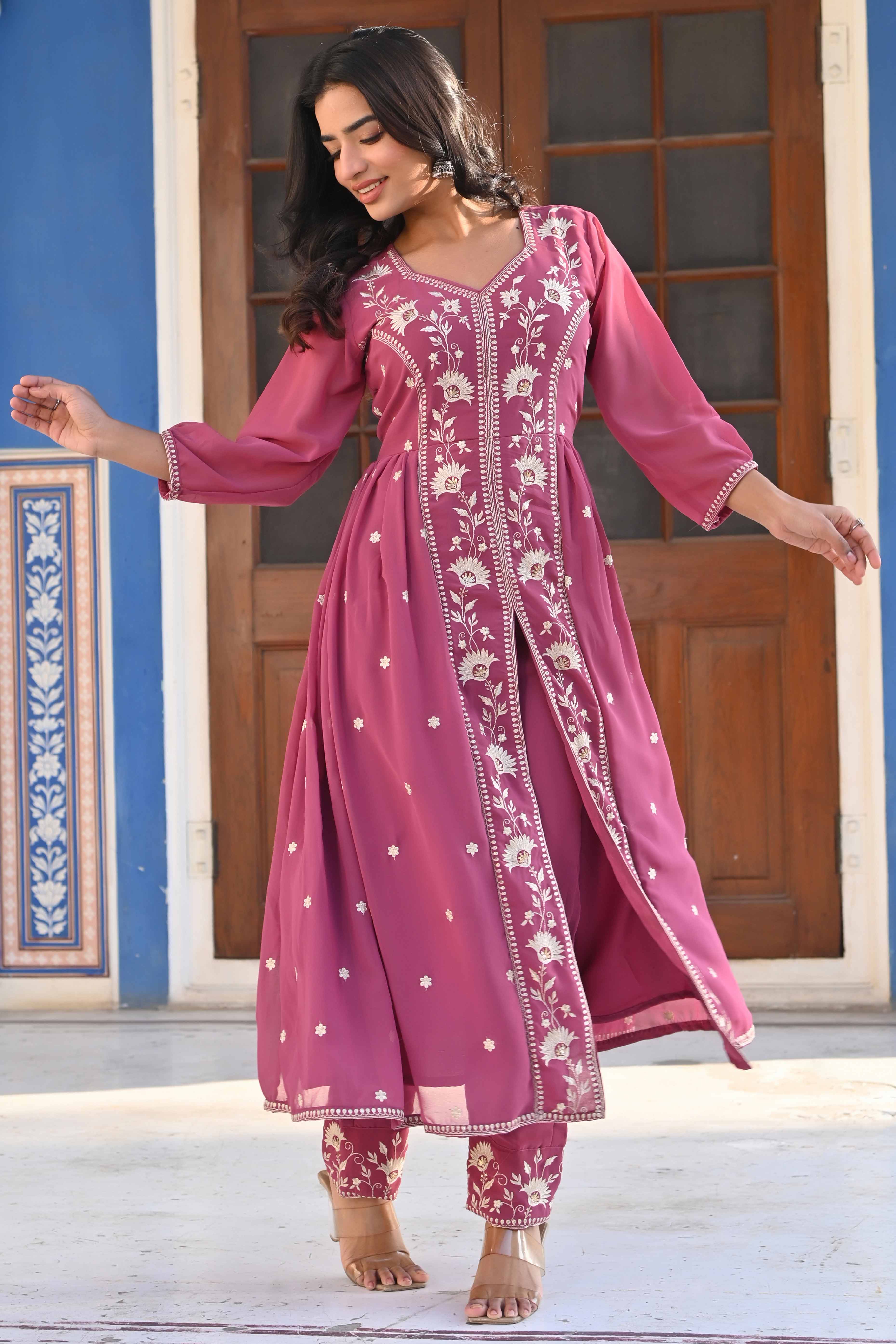 Mauve Floral Embroidered Georgette Front Slit Salwar Suit - Image 6