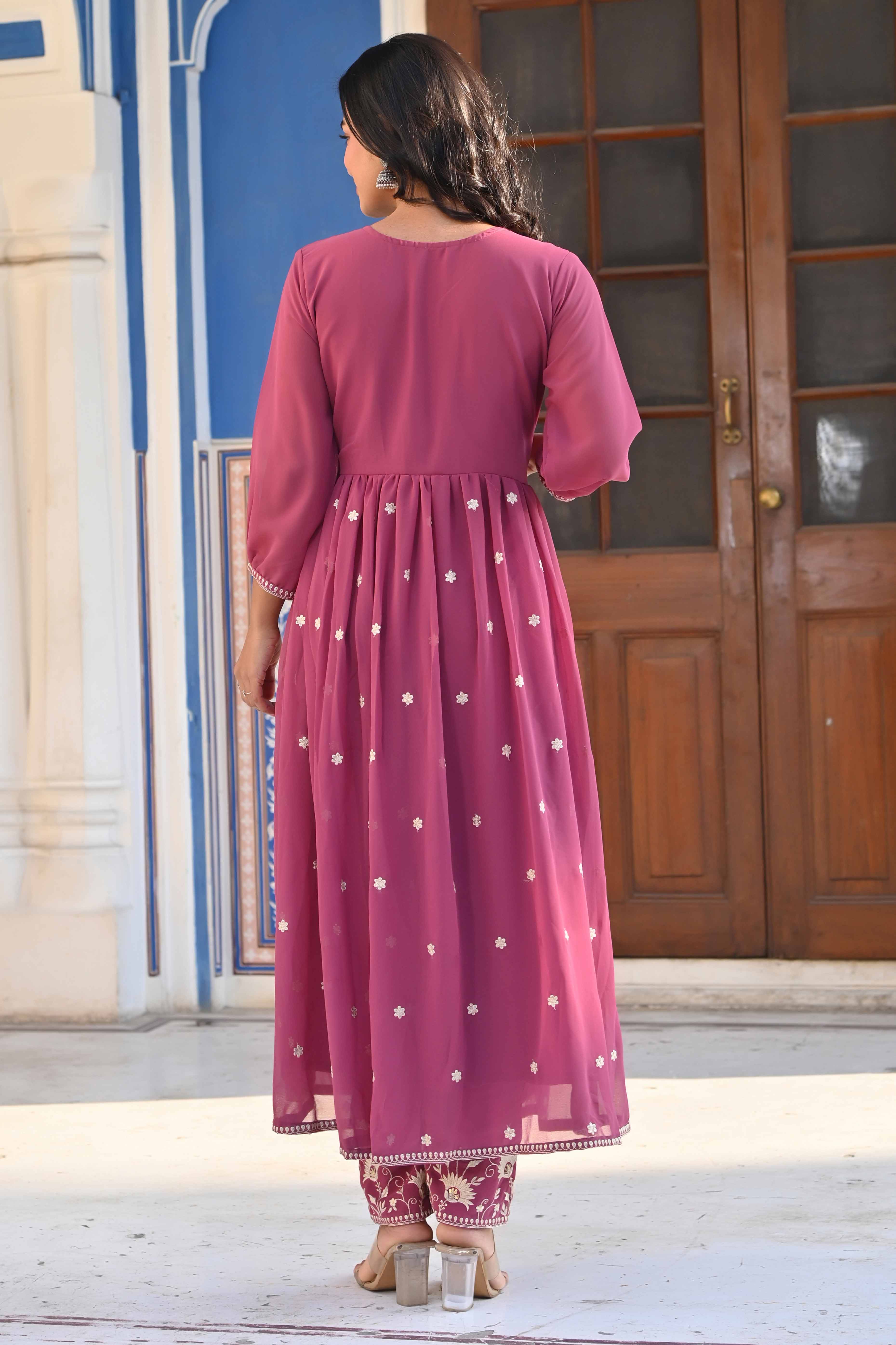 Mauve Floral Embroidered Georgette Front Slit Salwar Suit - Image 7