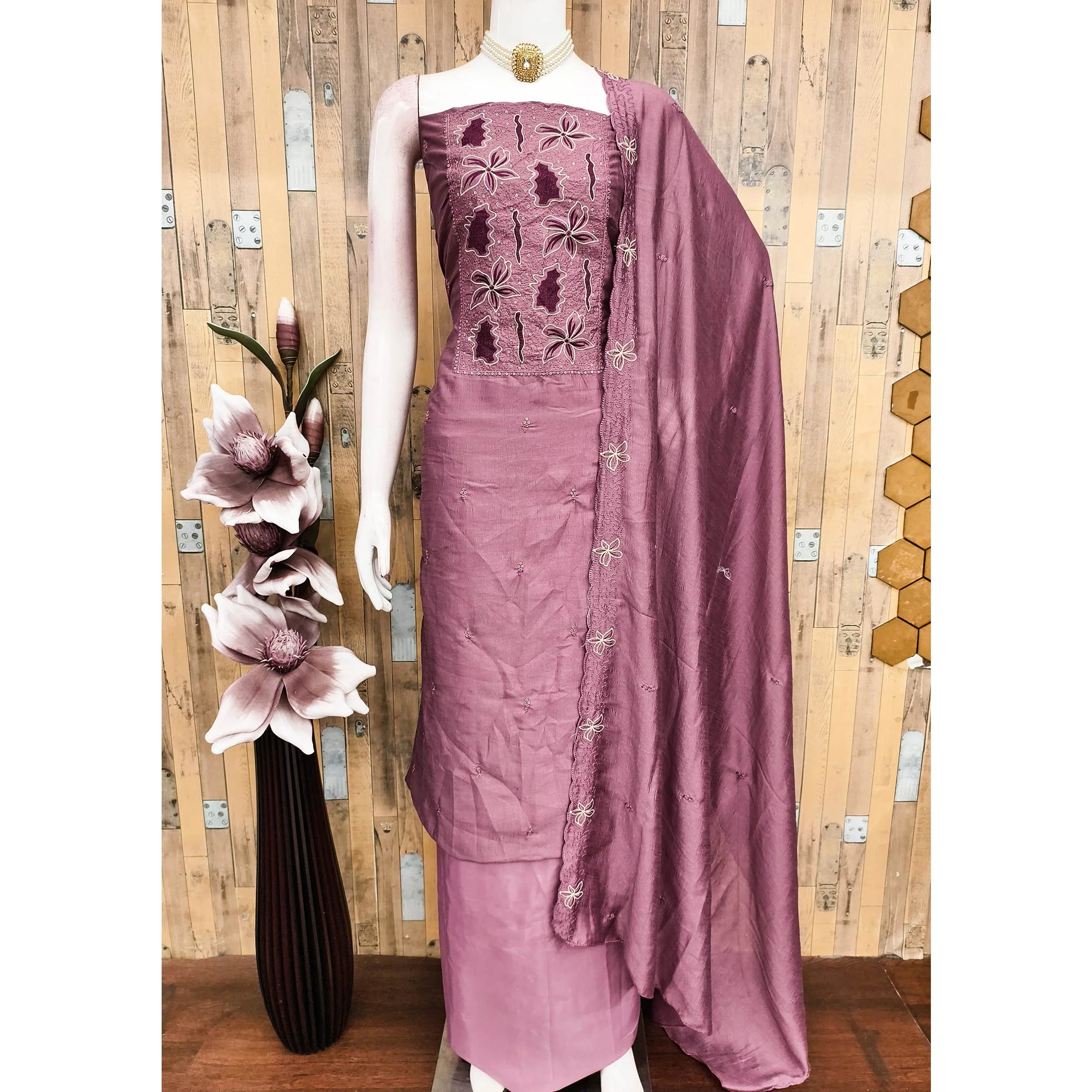 Mauve Floral Embroidery Enhanced Vichitra Silk Fabric Set for Stylish Traditional Outfits - Image 3