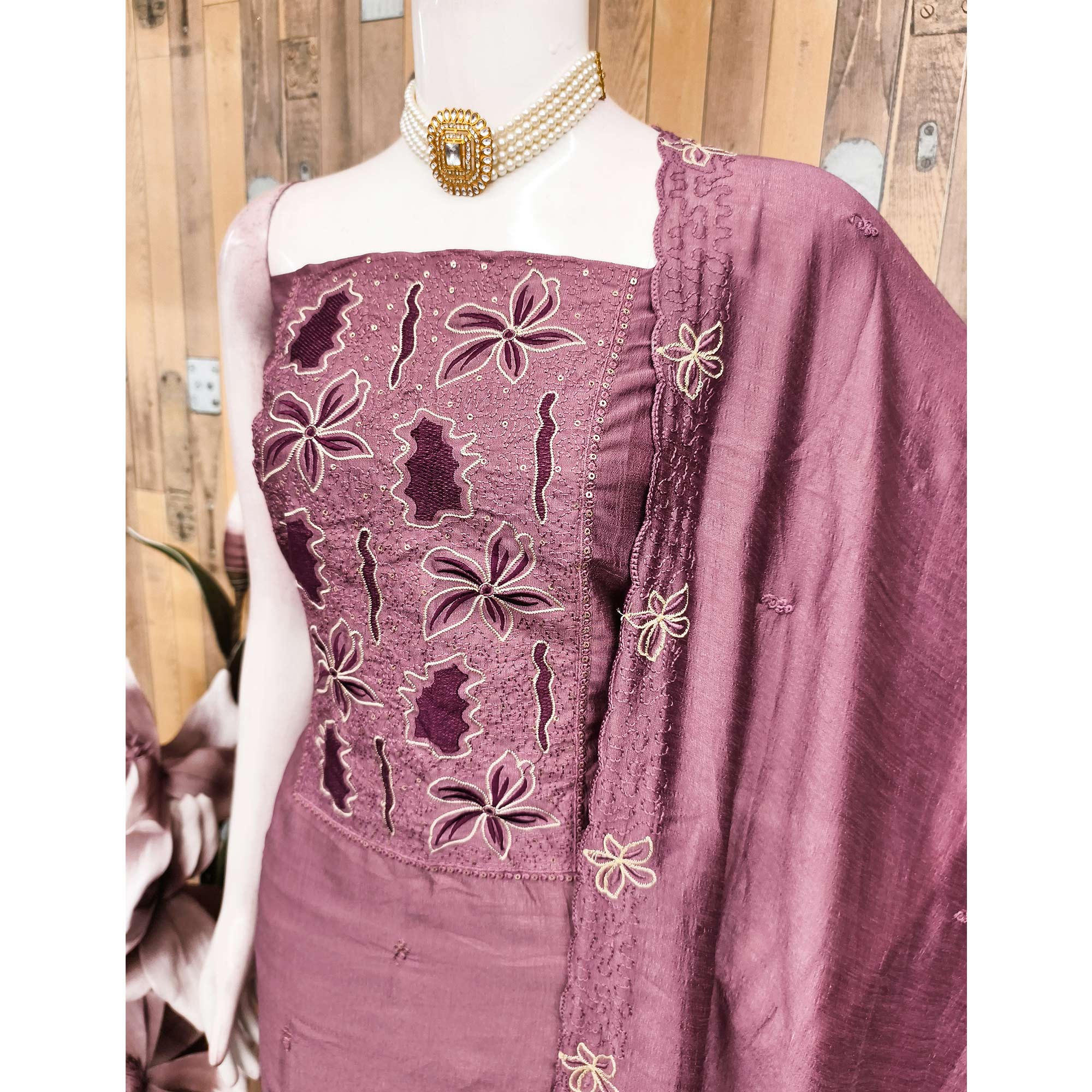 Mauve Floral Embroidery Enhanced Vichitra Silk Fabric Set for Stylish Traditional Outfits - Image 4