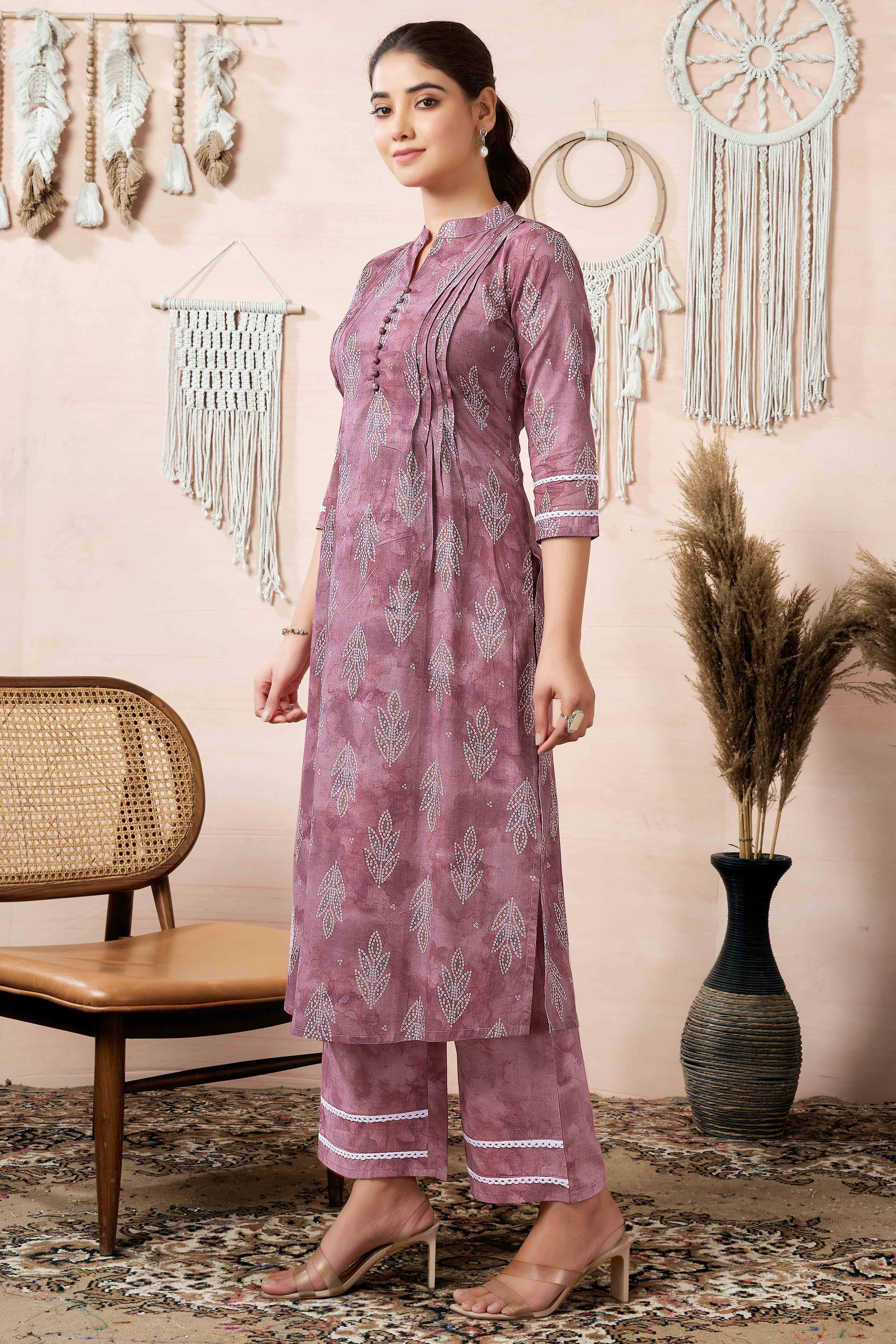 Mauve Floral Foil Printed Cambric Cotton Kurti Palazzo Set - Image 3