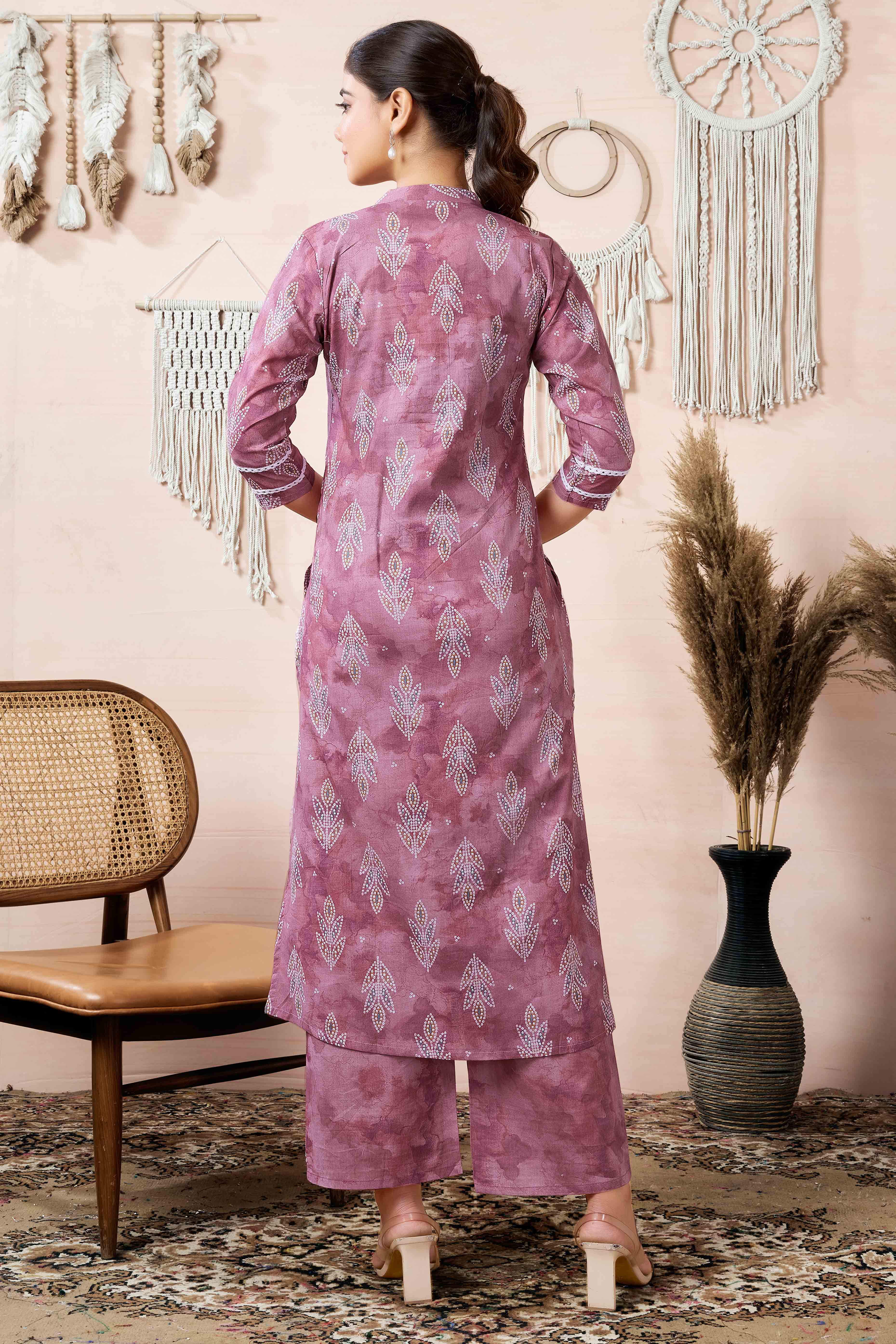 Mauve Floral Foil Printed Cambric Cotton Kurti Palazzo Set - Image 4