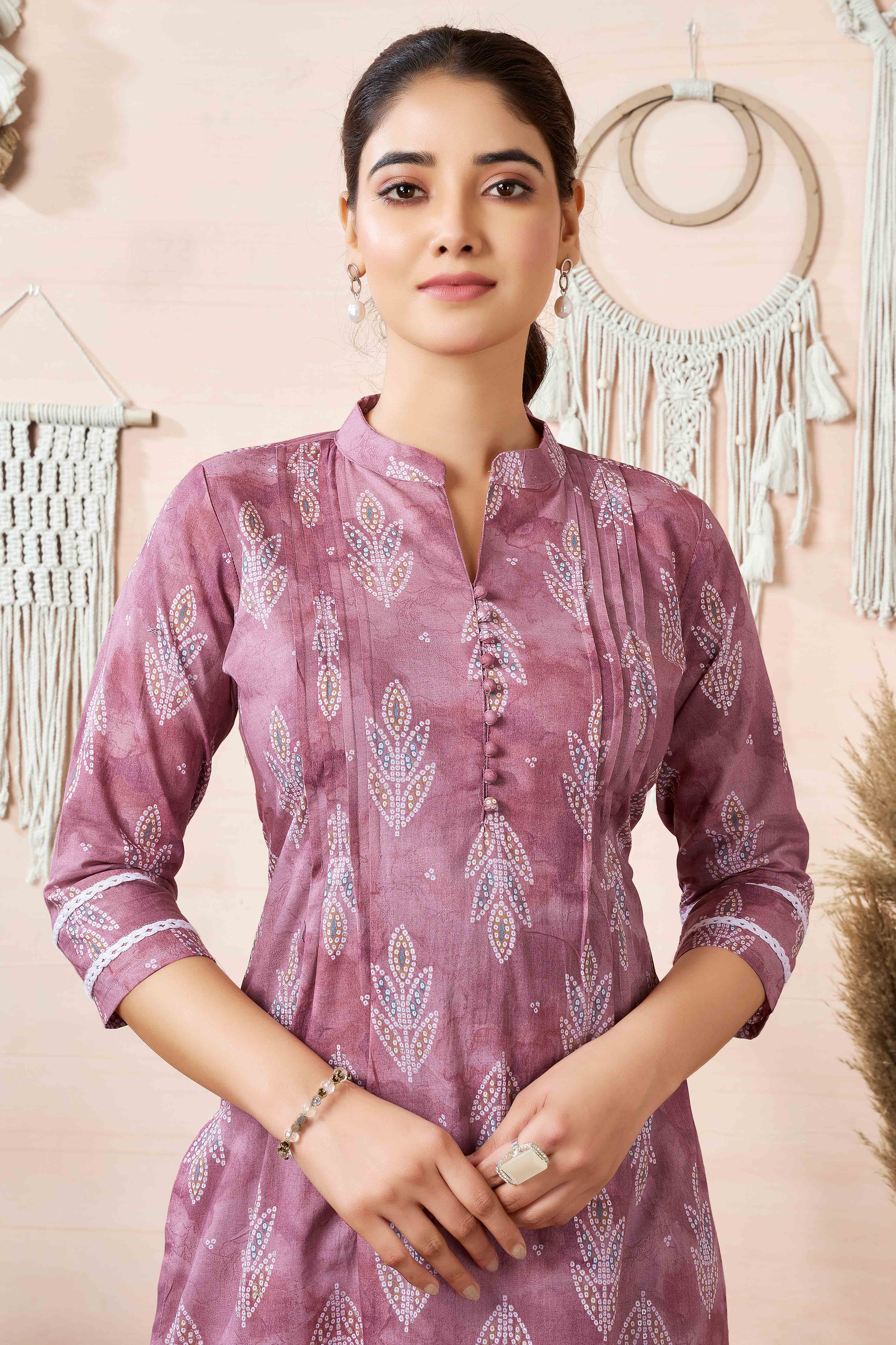 Mauve Floral Foil Printed Cambric Cotton Kurti Palazzo Set - Image 5