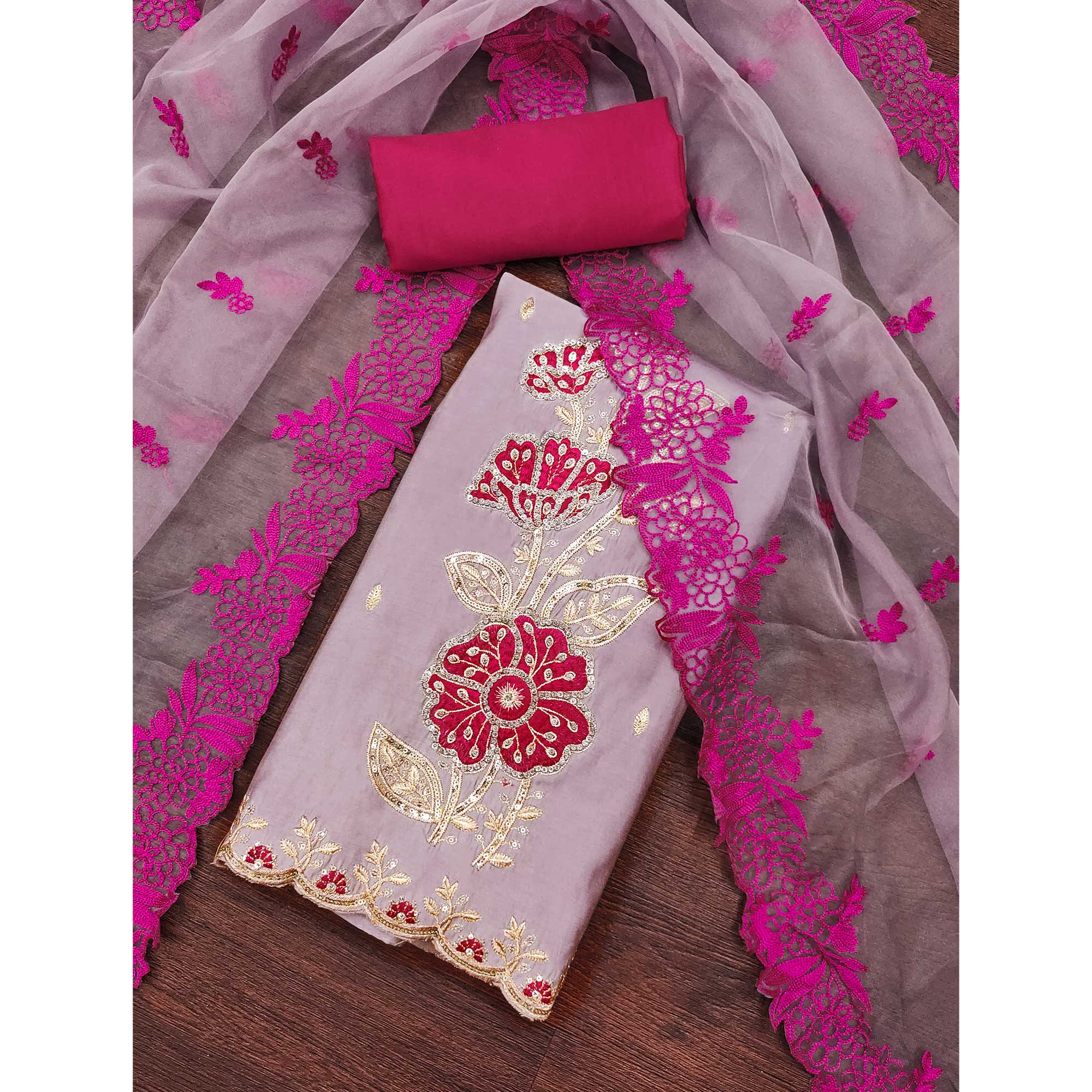 Mauve Floral Hand Embroidered Cotton Silk Dress Material - Image 3