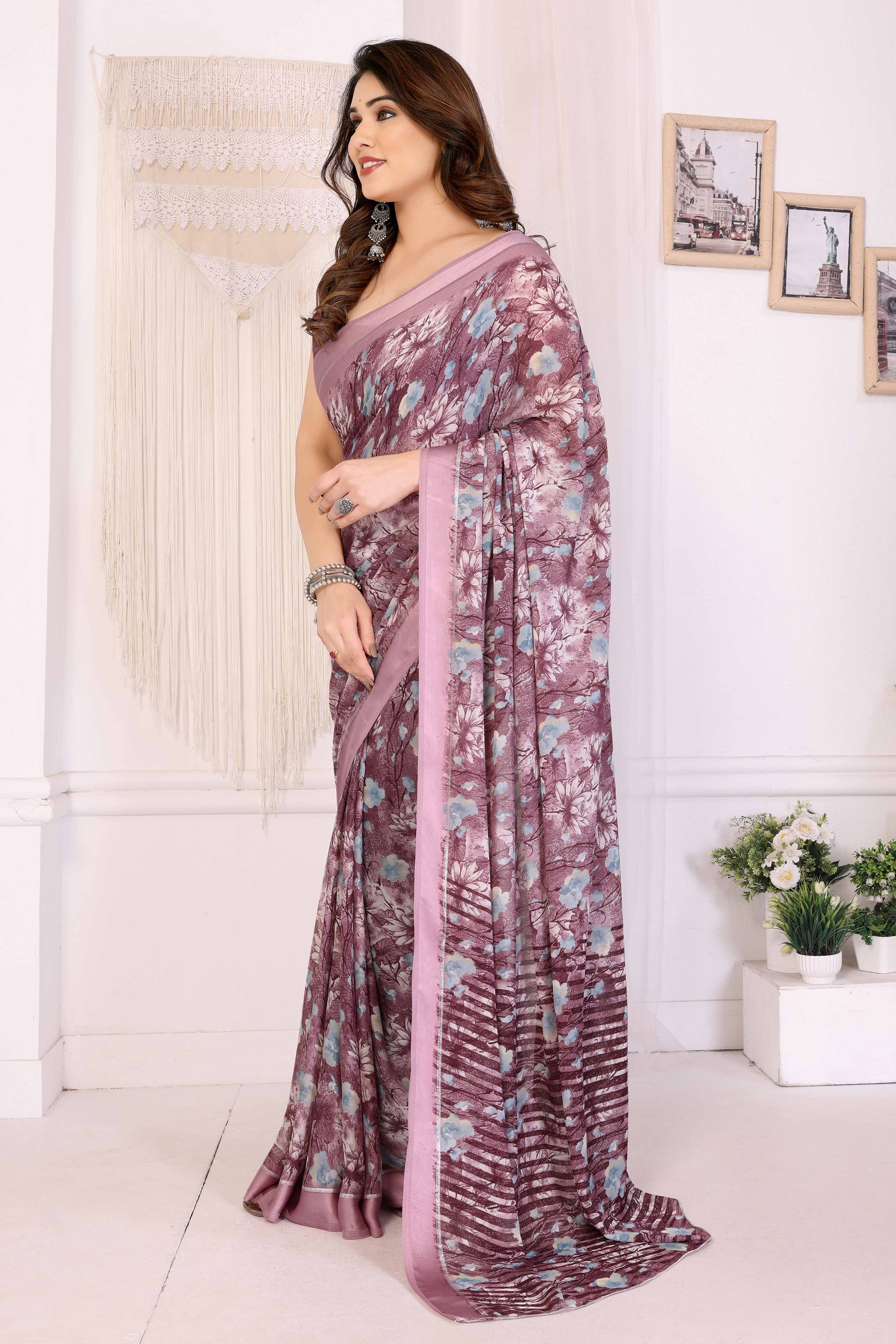 Mauve Floral Printed Blue Crepe Saree Styled With A Smooth Satin Patta Border - Image 3