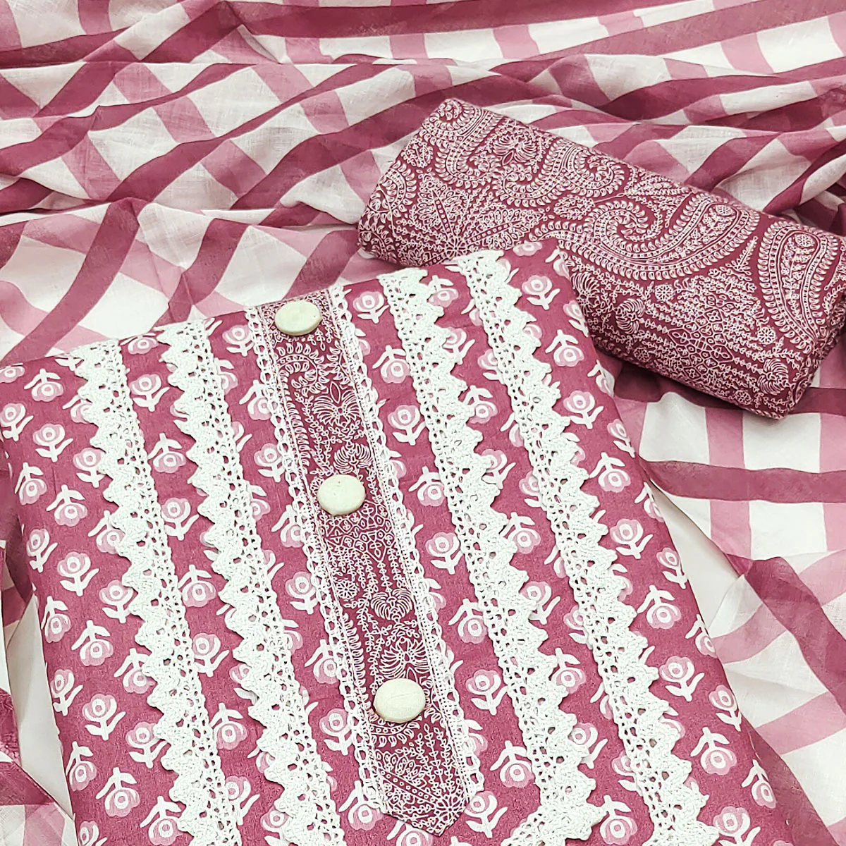Mauve Floral Printed Pure Cotton Dress Material - Image 2