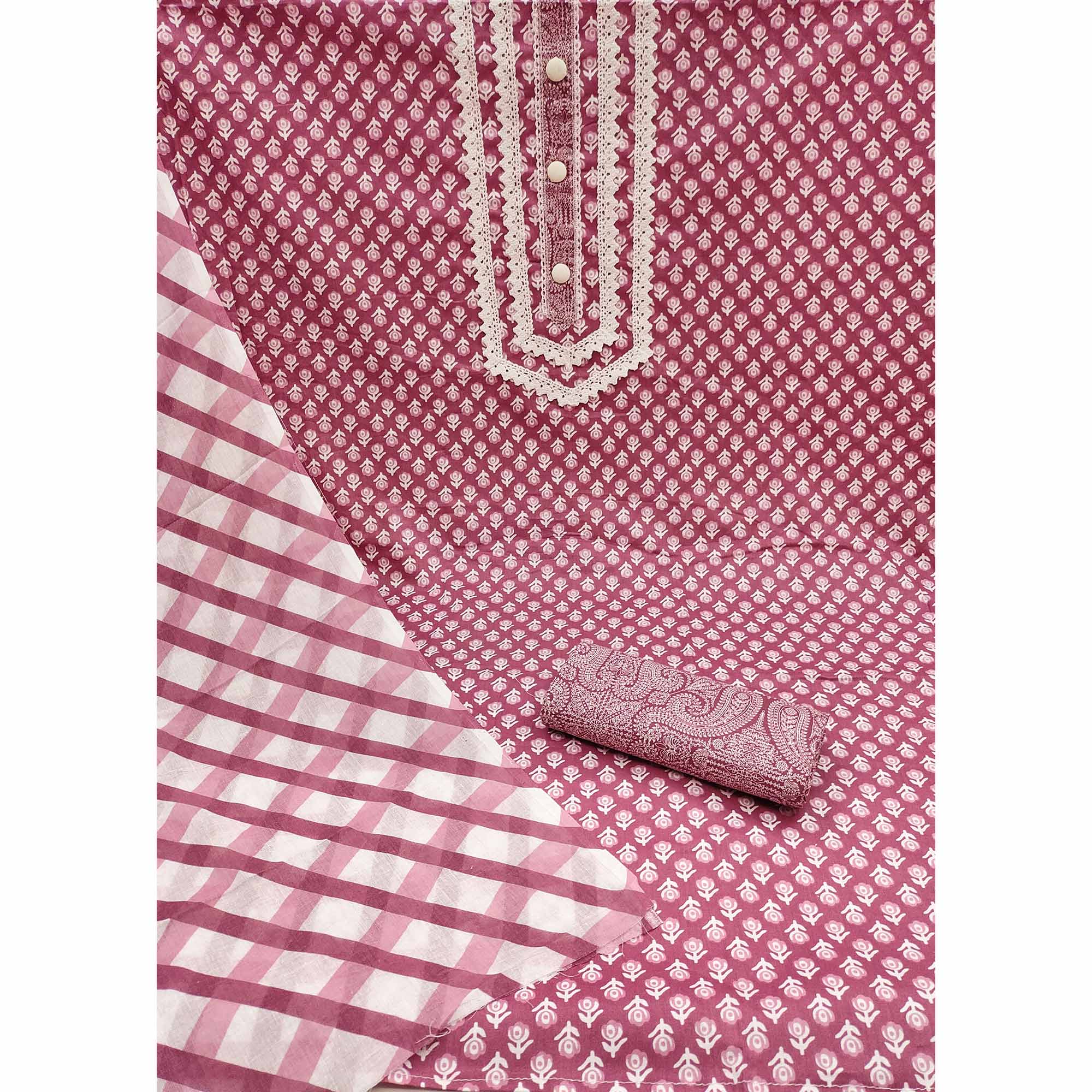 Mauve Floral Printed Pure Cotton Dress Material - Image 3