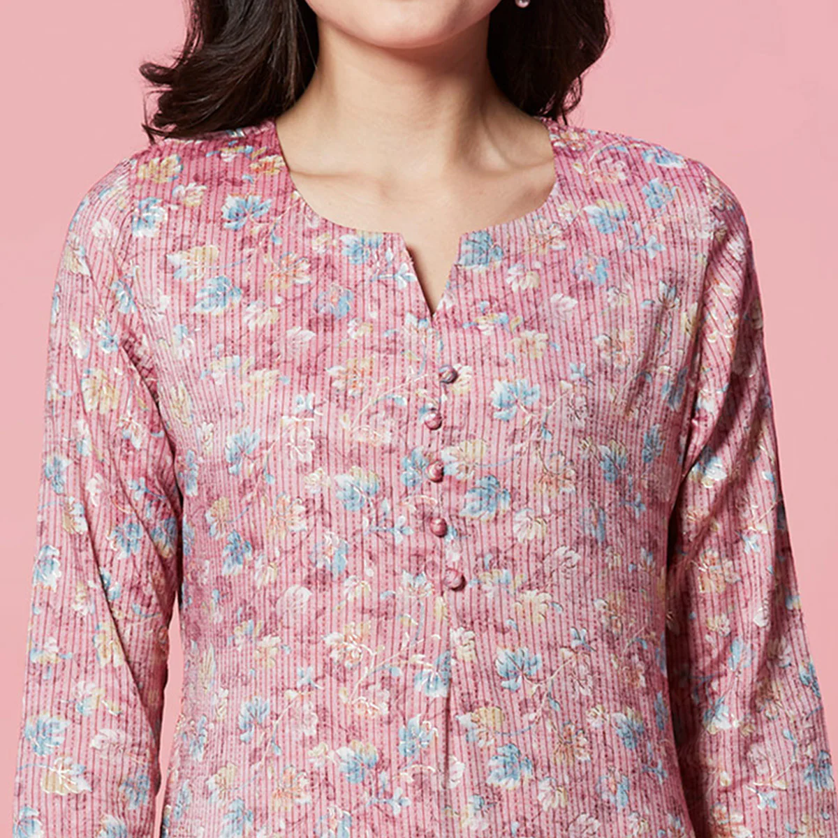 Mauve Floral Printed Pure Cotton Straight Kurti - Image 3