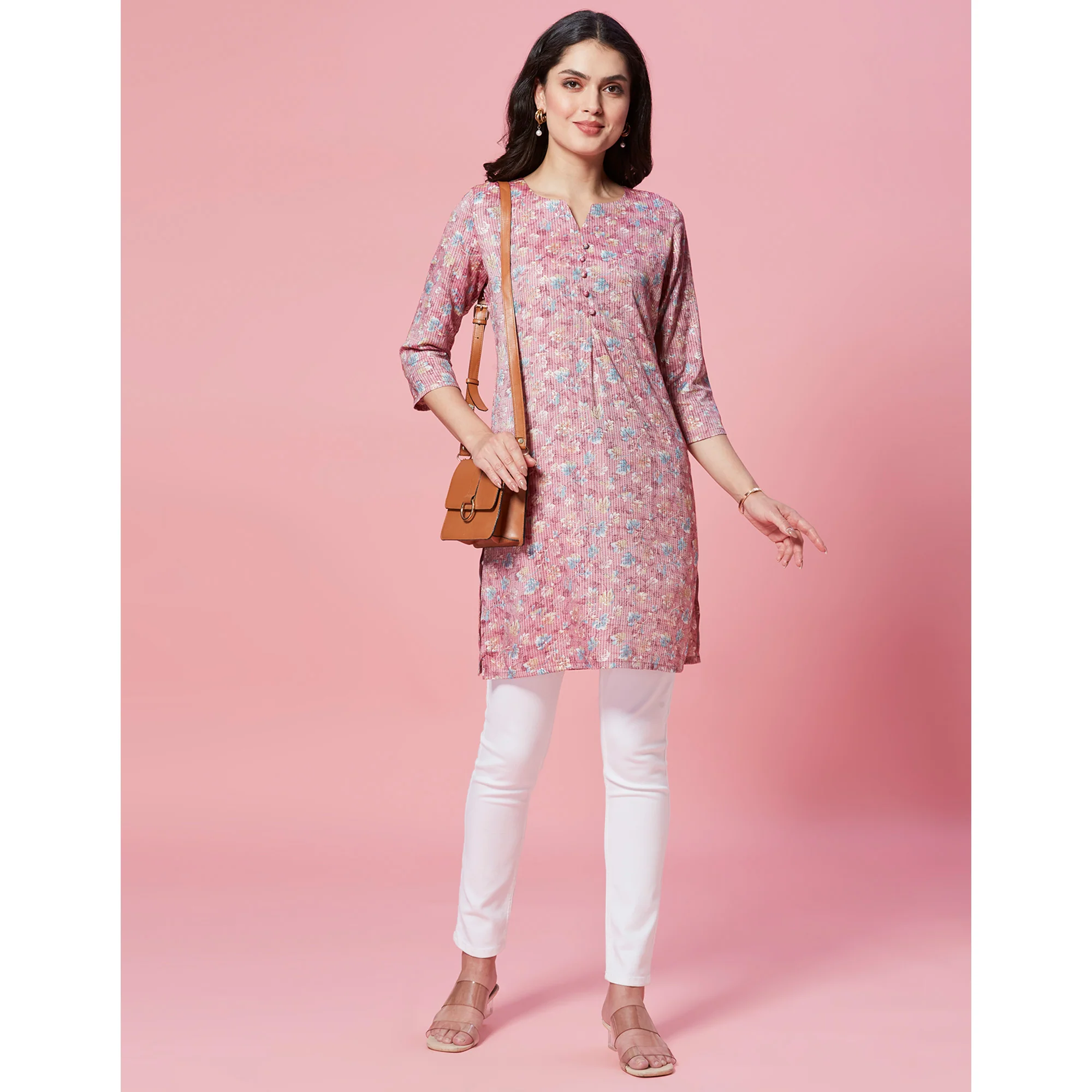 Mauve Floral Printed Pure Cotton Straight Kurti - Image 8