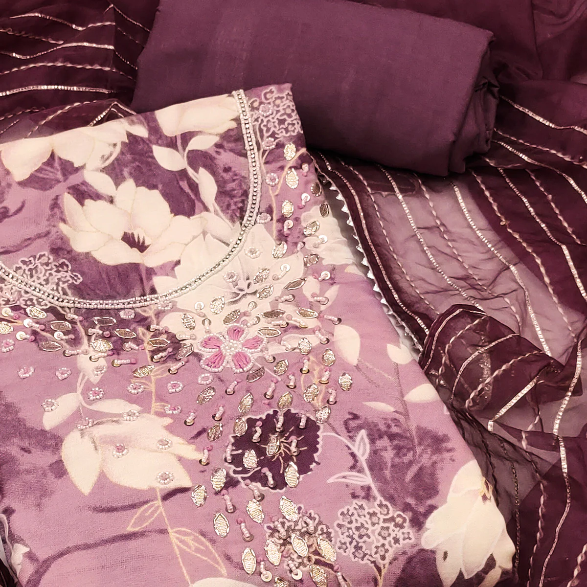 Mauve Floral Printed With Intricate Moti & Sequins Handwork Cotton Silk Dress Material - Image 2
