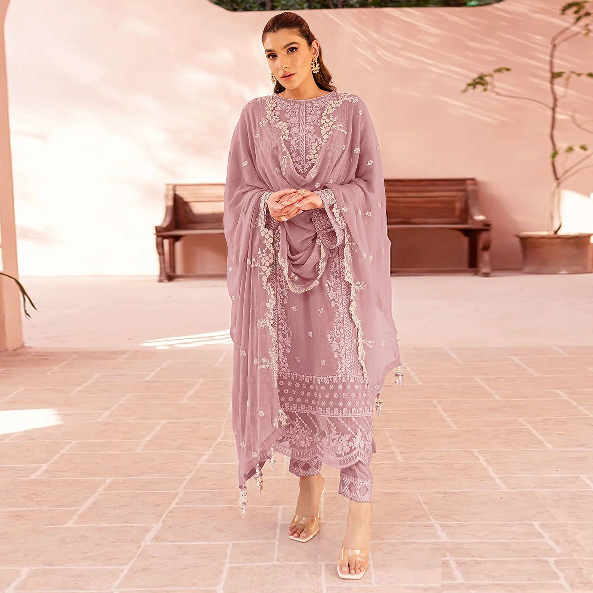 Mauve Floral Sequins Embroidered Georgette Semi Stitched Pakistani Suit - Image 2
