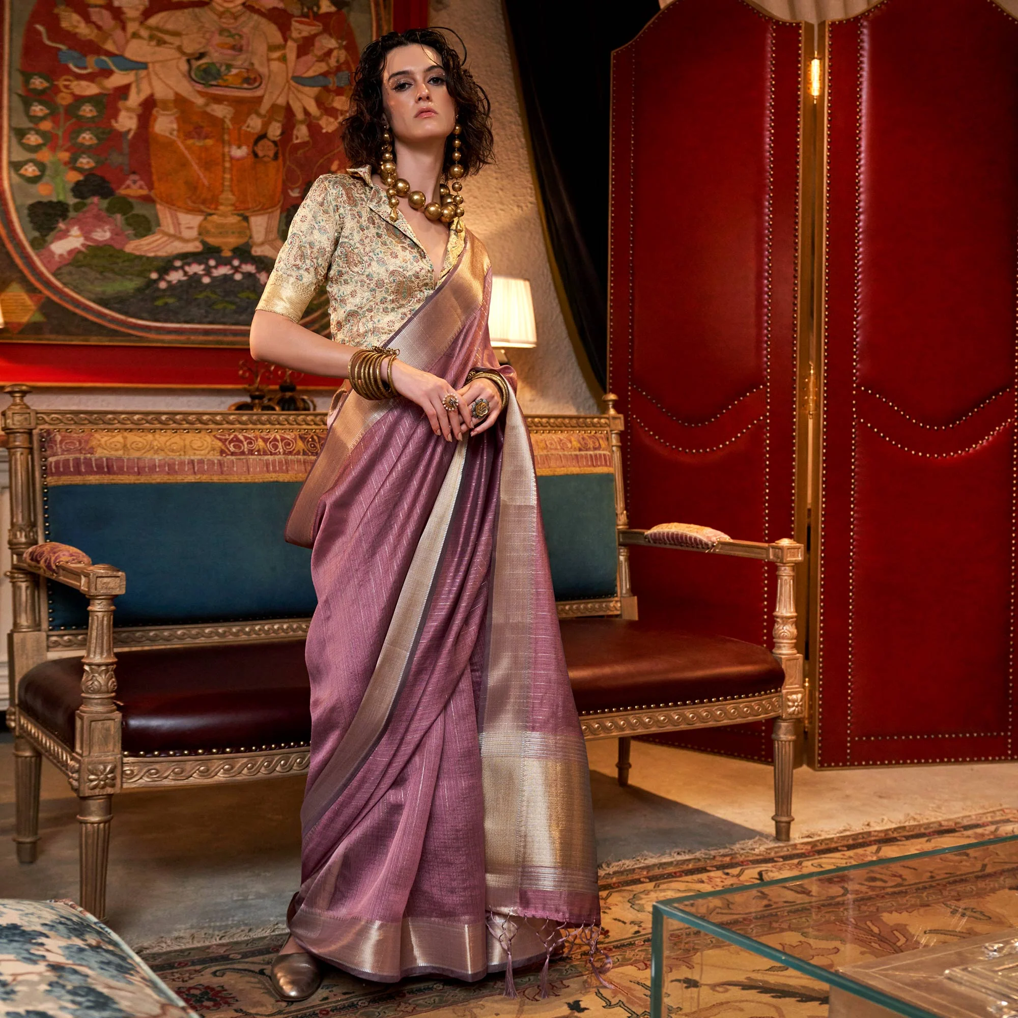 Mauve Handloom Woven Chiffon Saree - Image 3