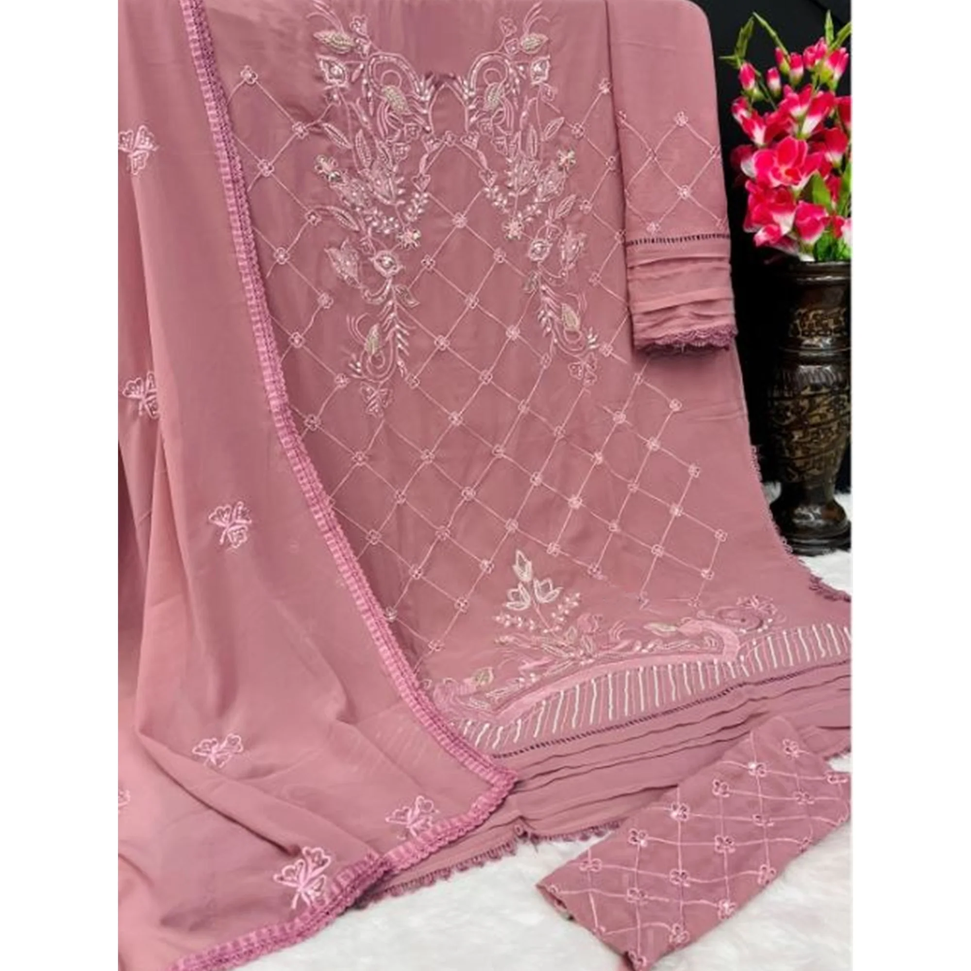 Mauve Heavy Embroidered Work Georgette Dress Material - Image 4