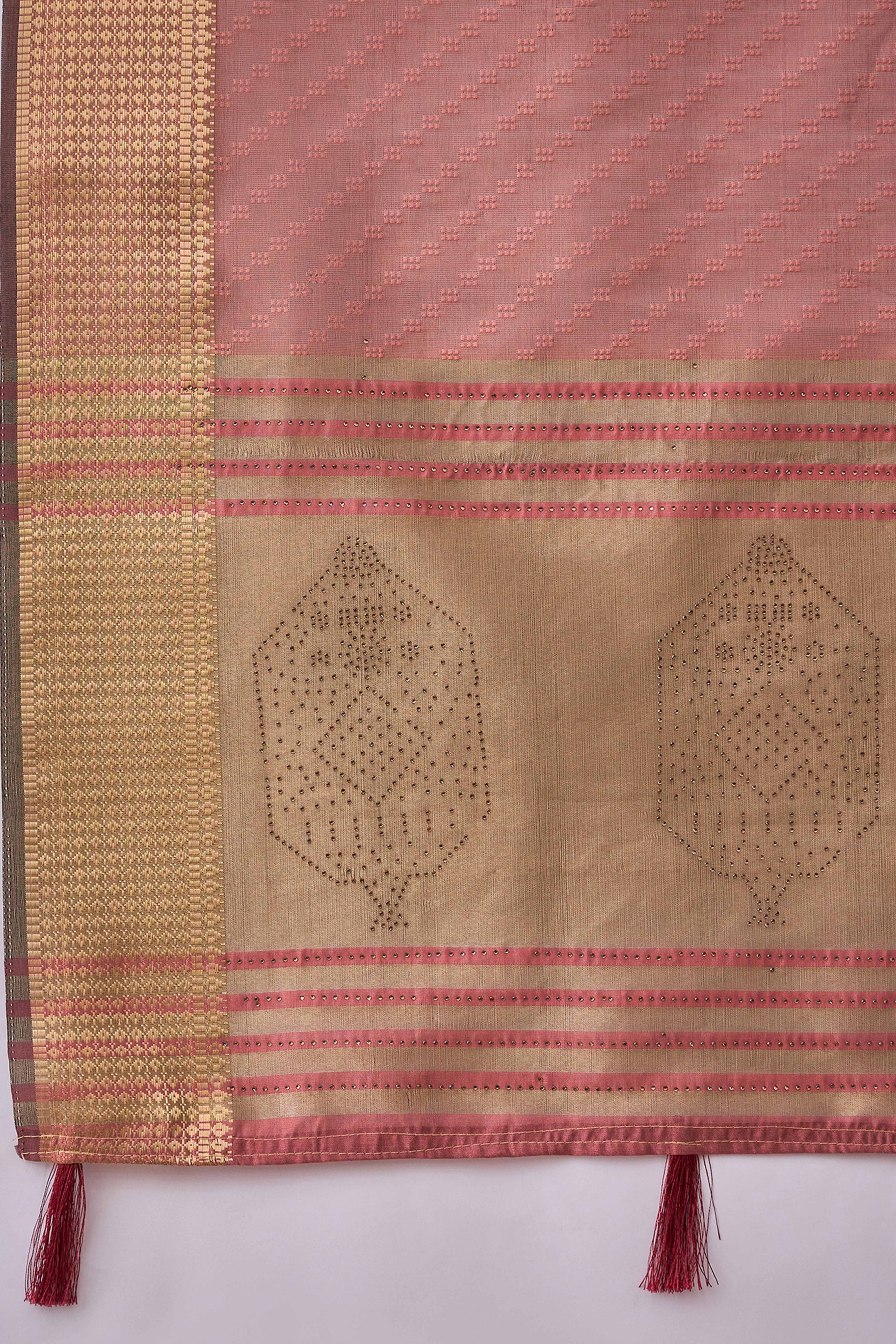 Mauve Khadi Organza Saree Intricate Weaving & Sparkling Stonework With Tassel Pallu - Image 8