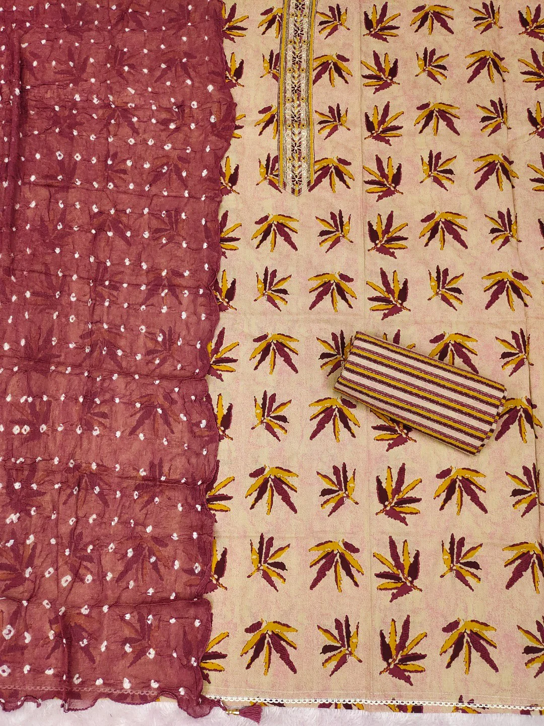 Mauve Leaf Printed Pure Cotton Dress Material With Hand Floral Embroidered Neckline - Image 2