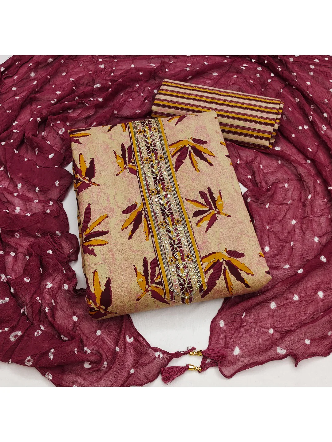 Mauve Leaf Printed Pure Cotton Dress Material With Hand Floral Embroidered Neckline - Image 3