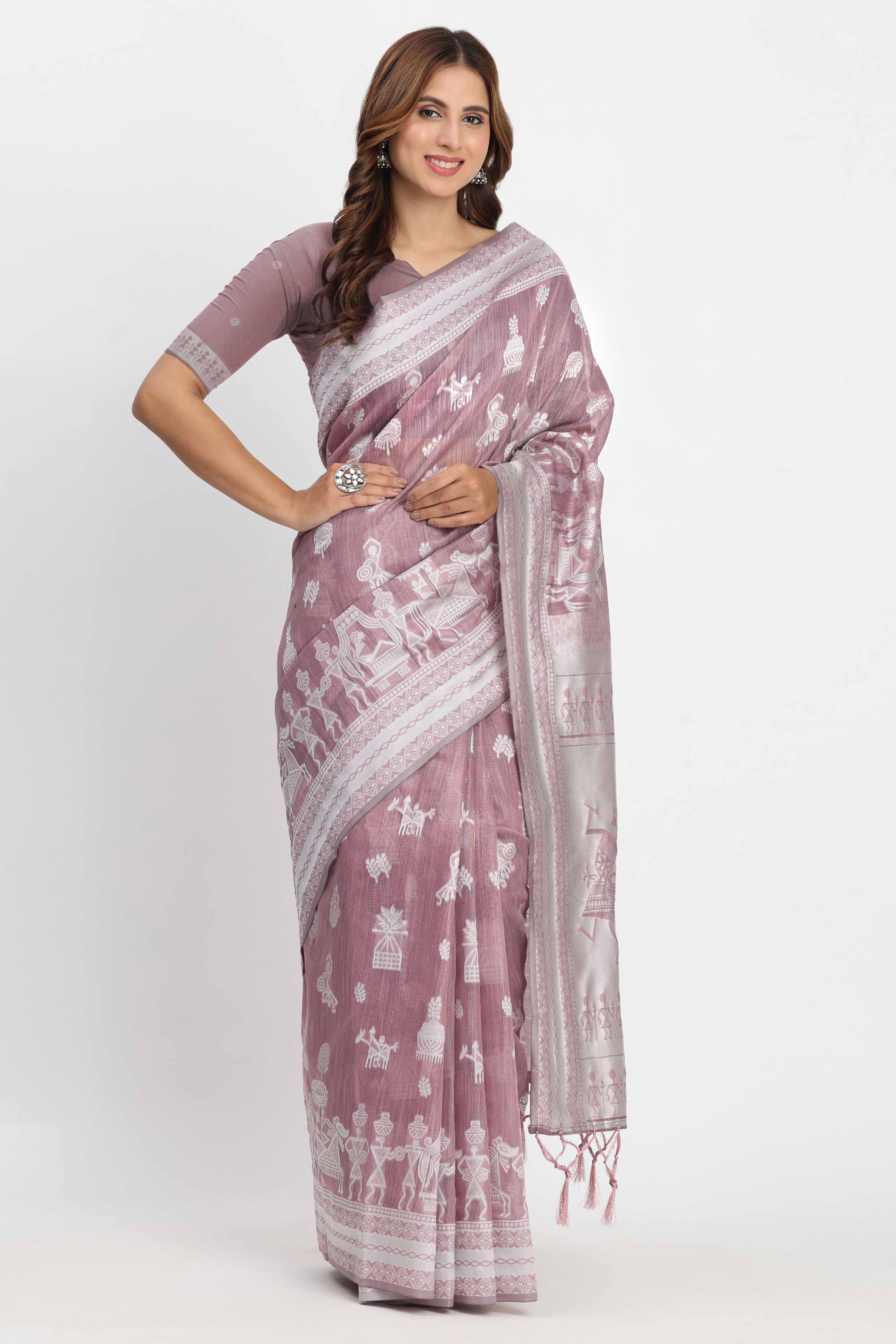 Mauve Linen Cotton Saree Showcasing Traditional Warli Motifs In Zari Weaving With Tassel Pallu - Image 5