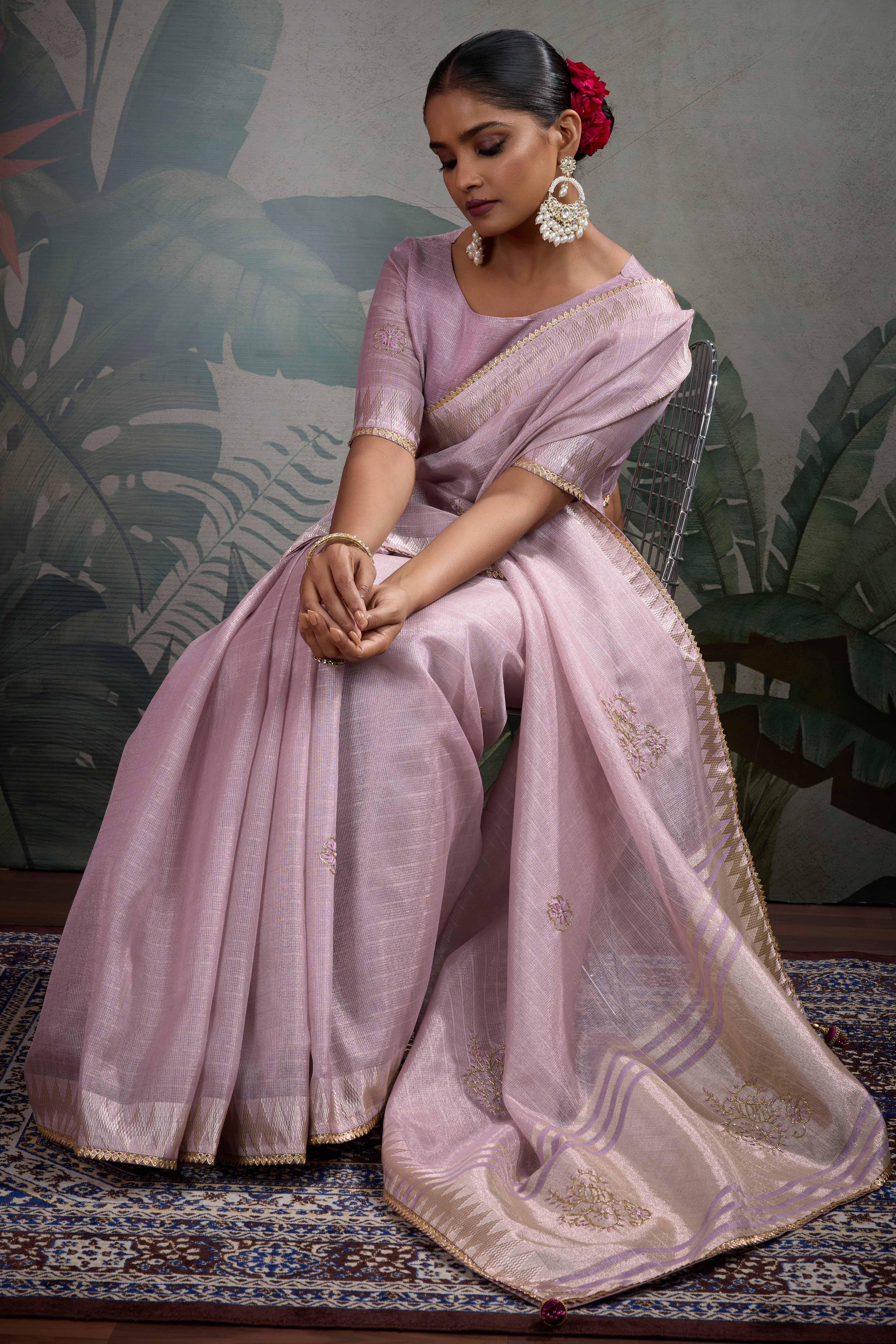 Mauve Linen Tissue Saree with Hand Beads Embellishment - Image 5