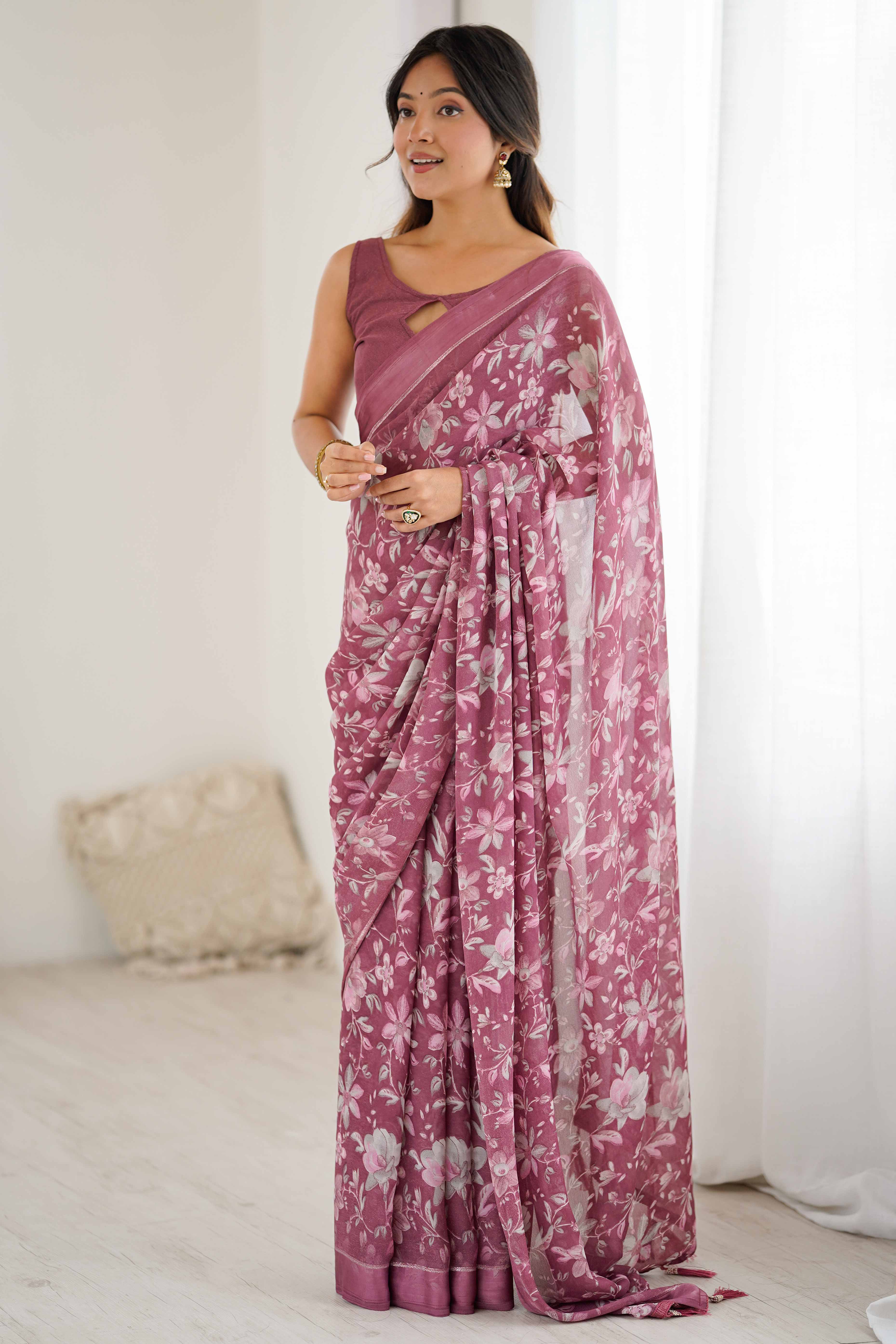 Mauve Moss Silk Blend Saree With Artistic Floral Digital Print & Stylish Tassel Pallu - Image 3