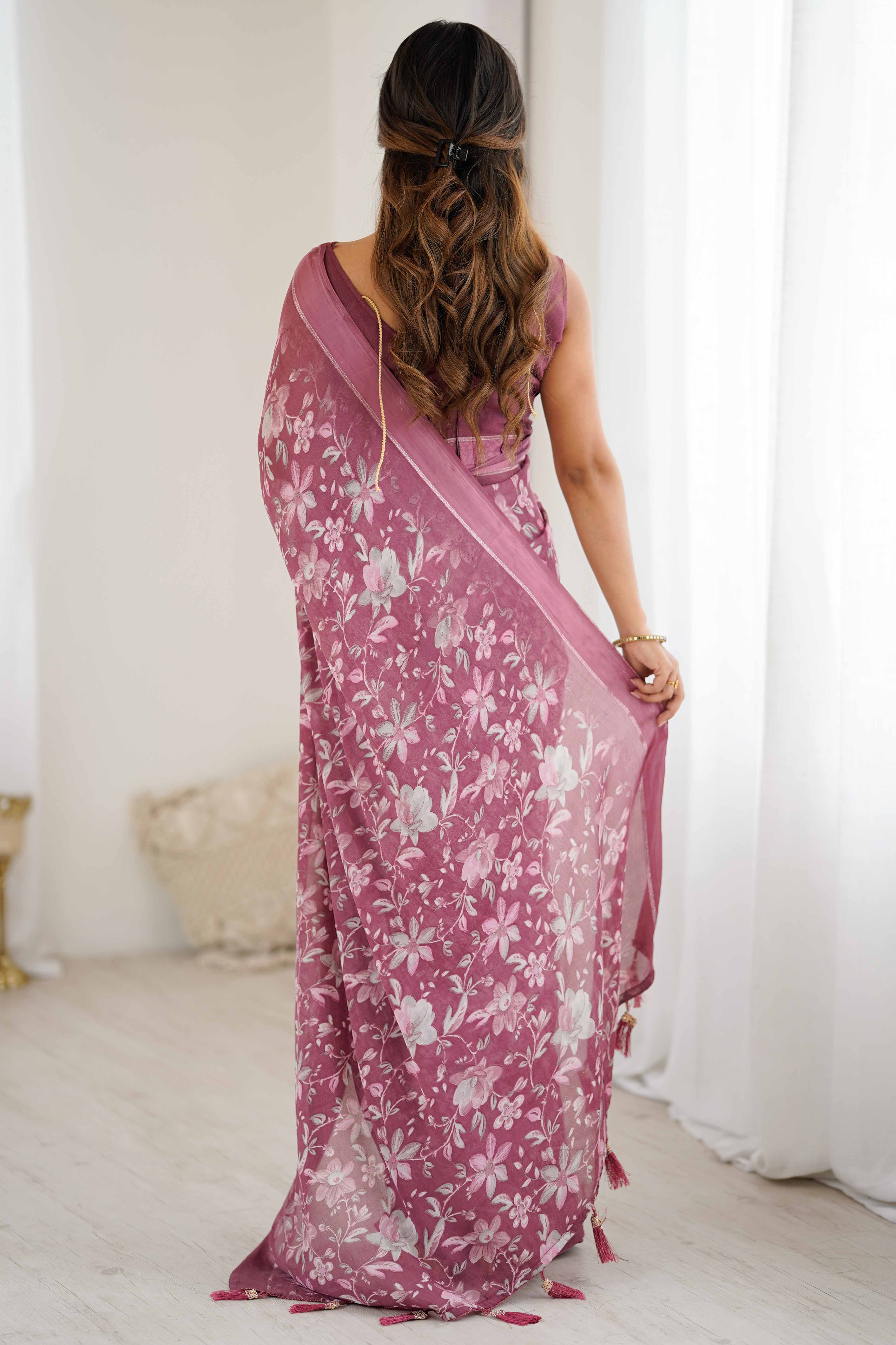 Mauve Moss Silk Blend Saree With Artistic Floral Digital Print & Stylish Tassel Pallu - Image 5
