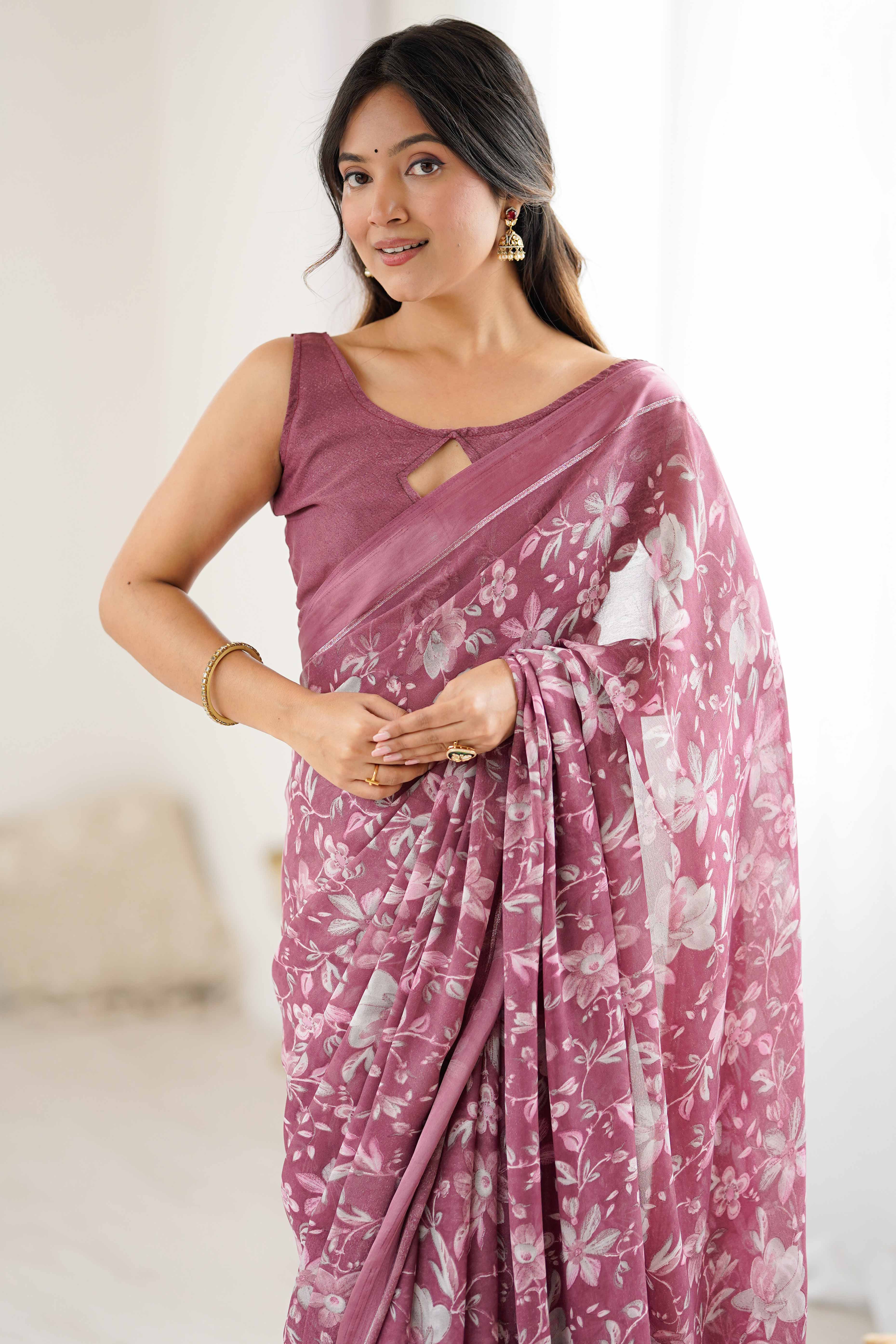 Mauve Moss Silk Blend Saree With Artistic Floral Digital Print & Stylish Tassel Pallu - Image 6