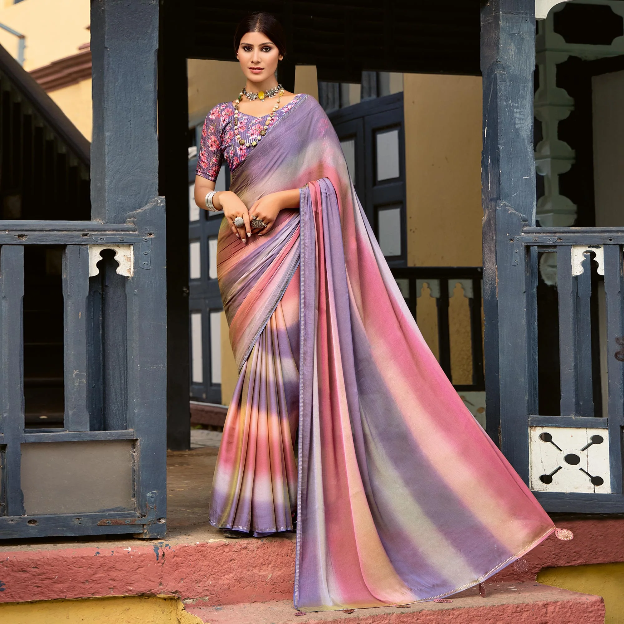 Mauve Ombre Print Chiffon Sarees - Image 2