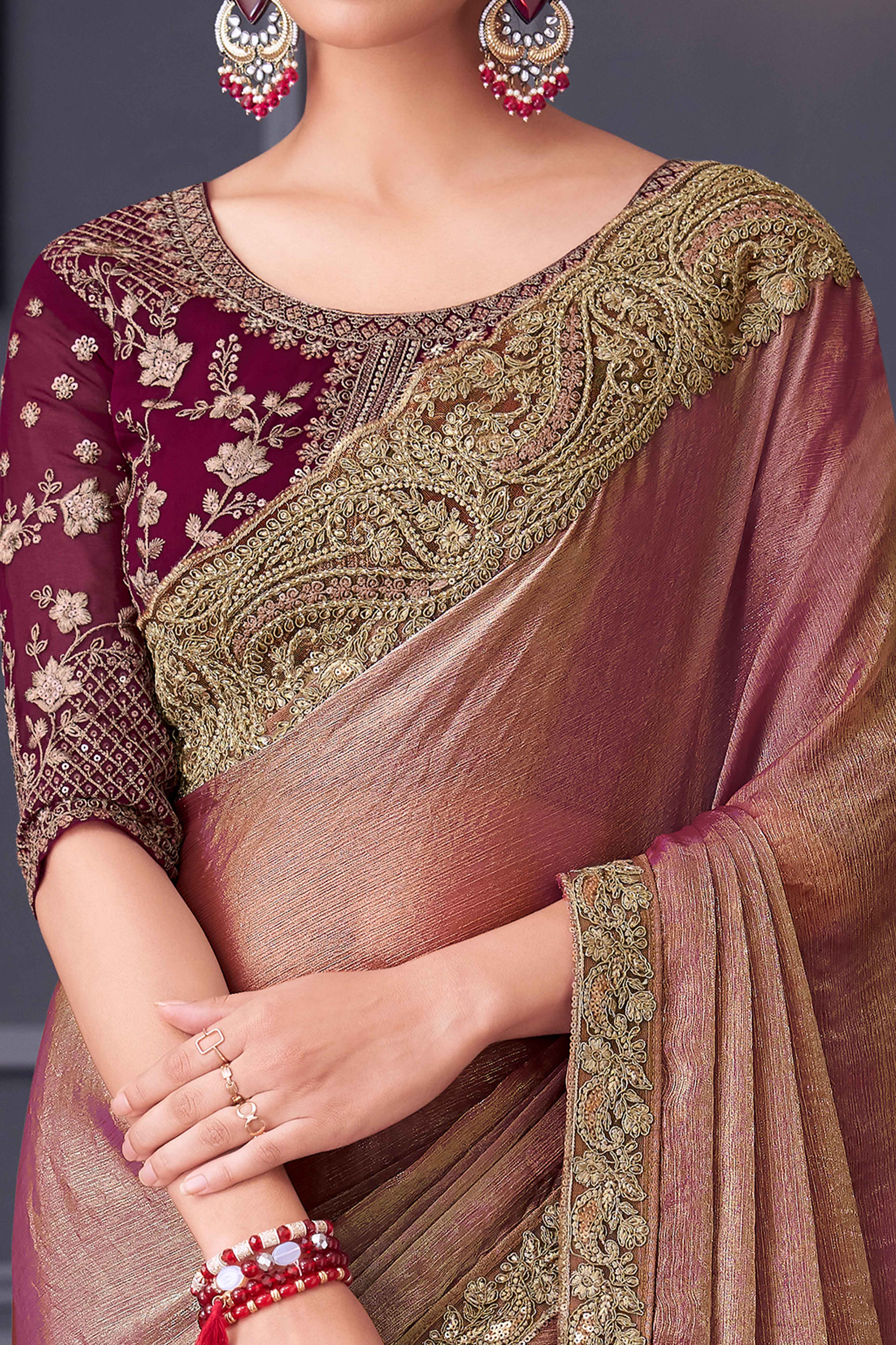 Mauve Partywear Chiffon Saree with Ornate Border Detailing - Image 2