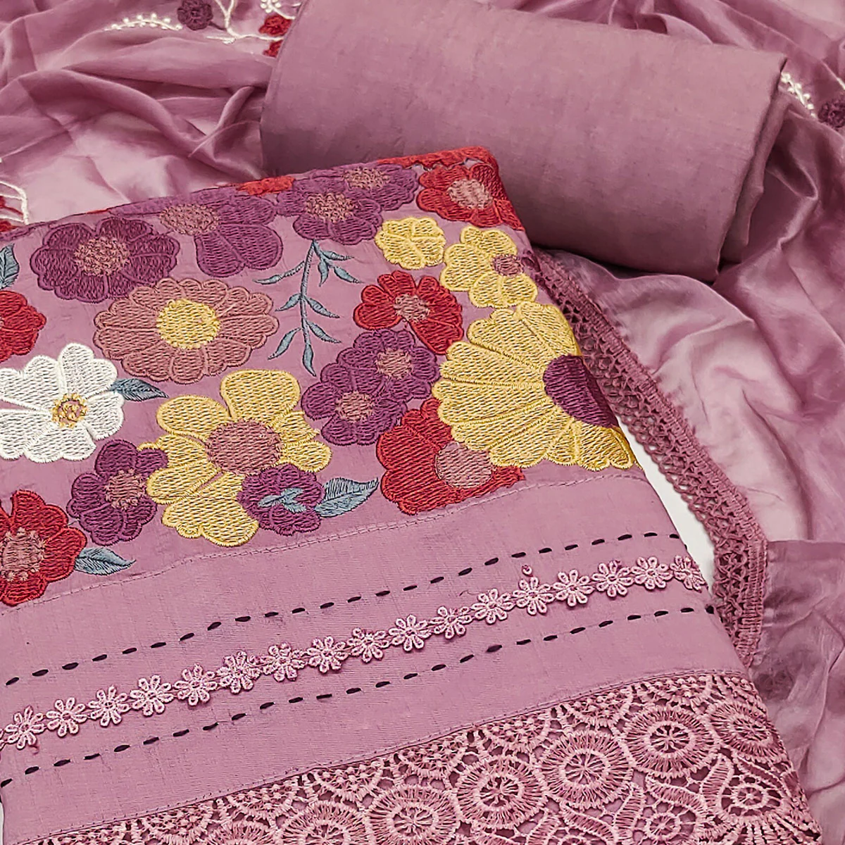 Mauve Roman Cotton Silk Dress Material Adorned With Elegant Floral Thread Embroidered Work - Image 2