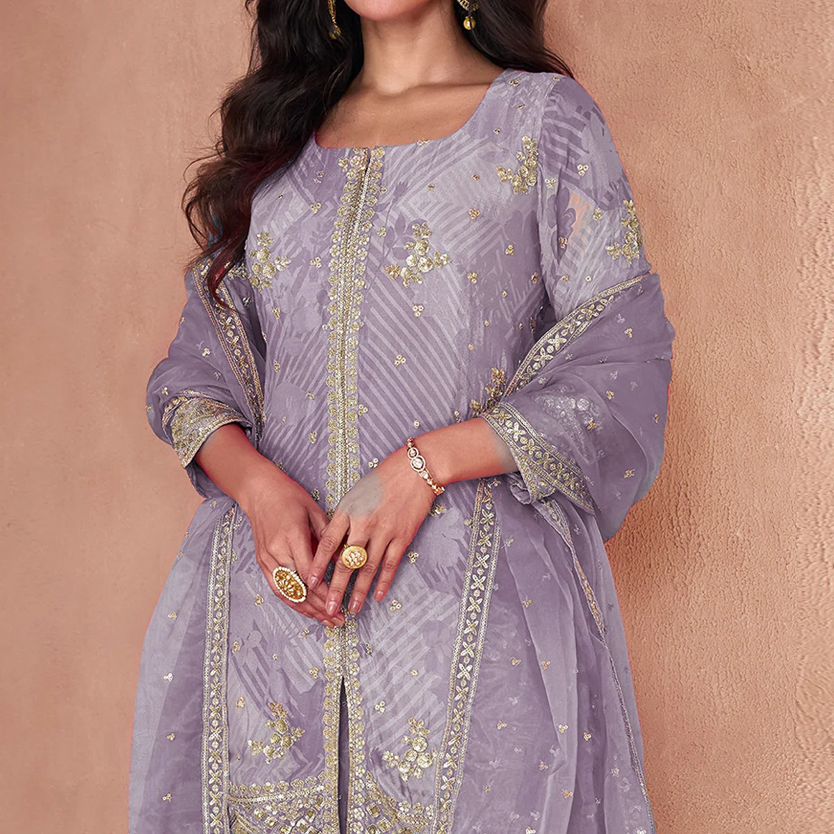 Mauve Sequins Embroidered Georgette Sharara Suit - Image 2