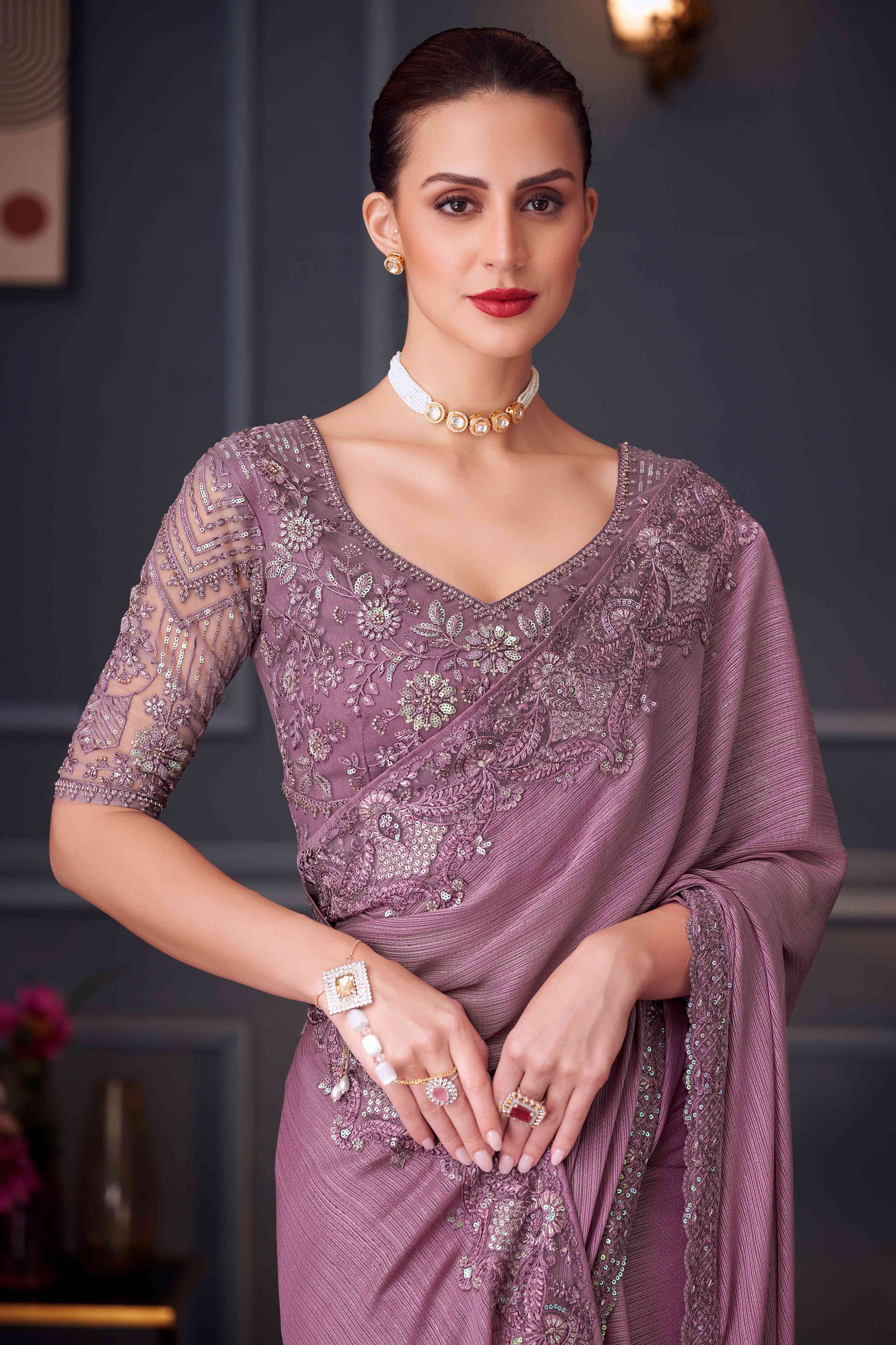 Mauve Sequins Embroidered Satin Saree - Image 3
