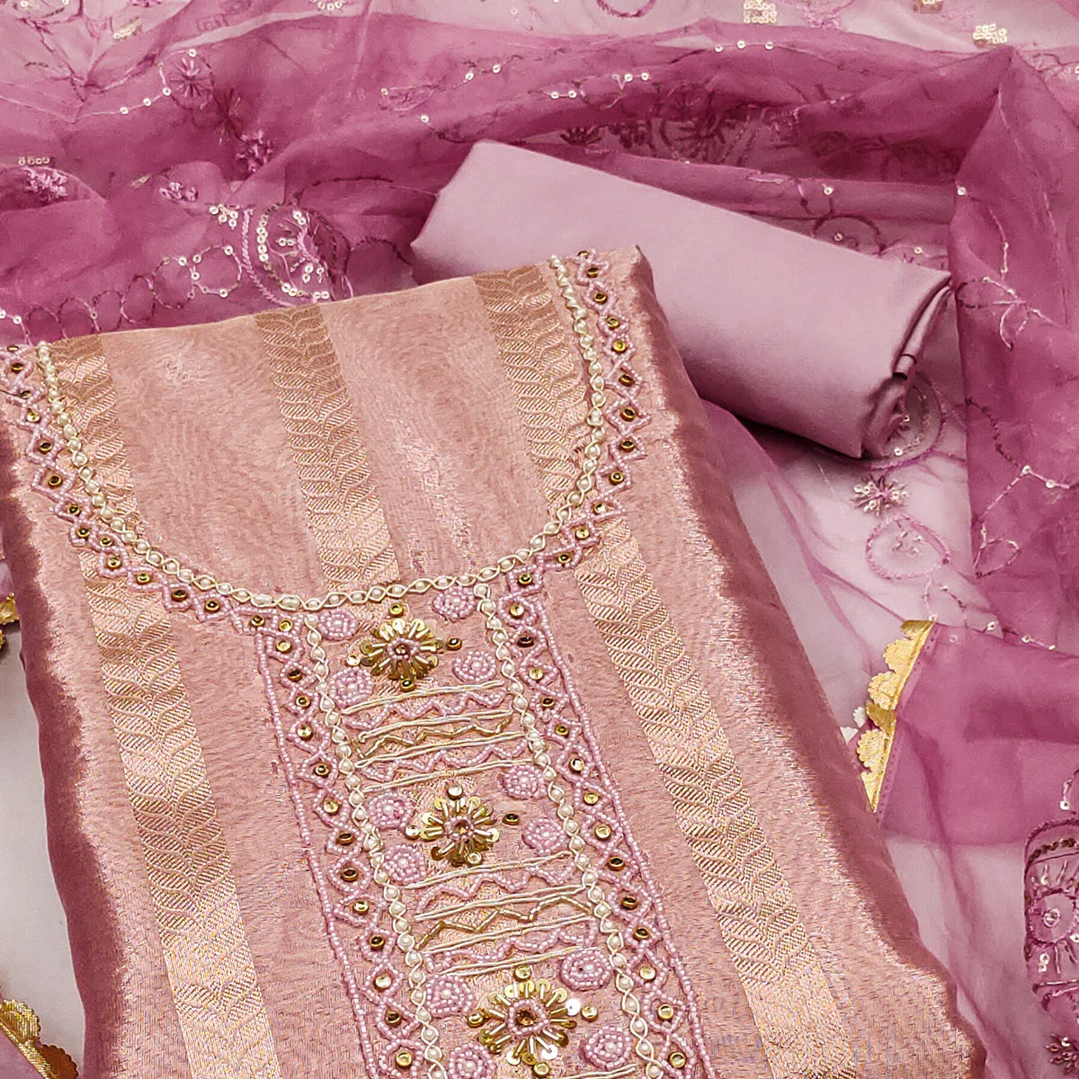 Mauve Sequins Hand Embroidery Organza Dress Material - Image 2