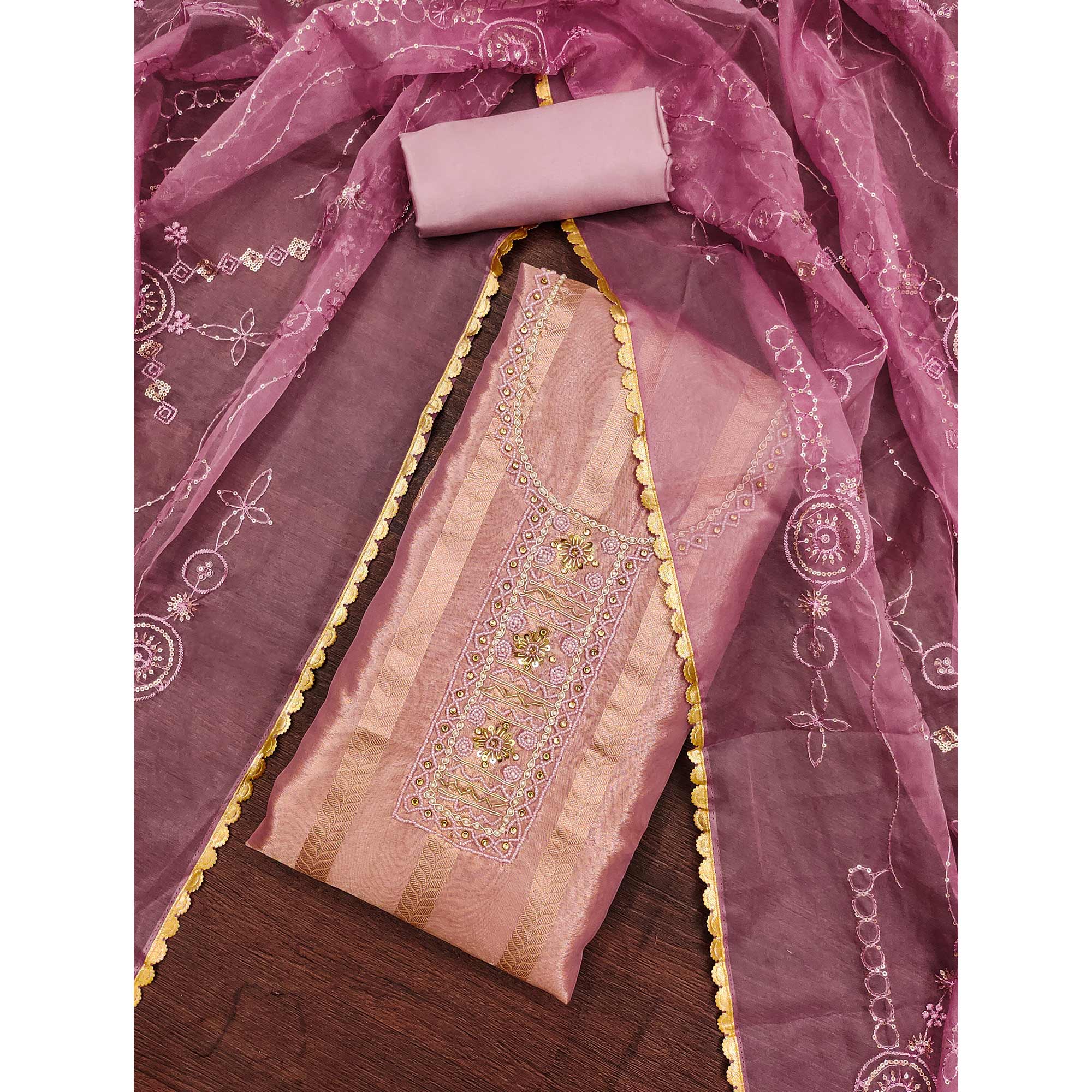 Mauve Sequins Hand Embroidery Organza Dress Material - Image 3