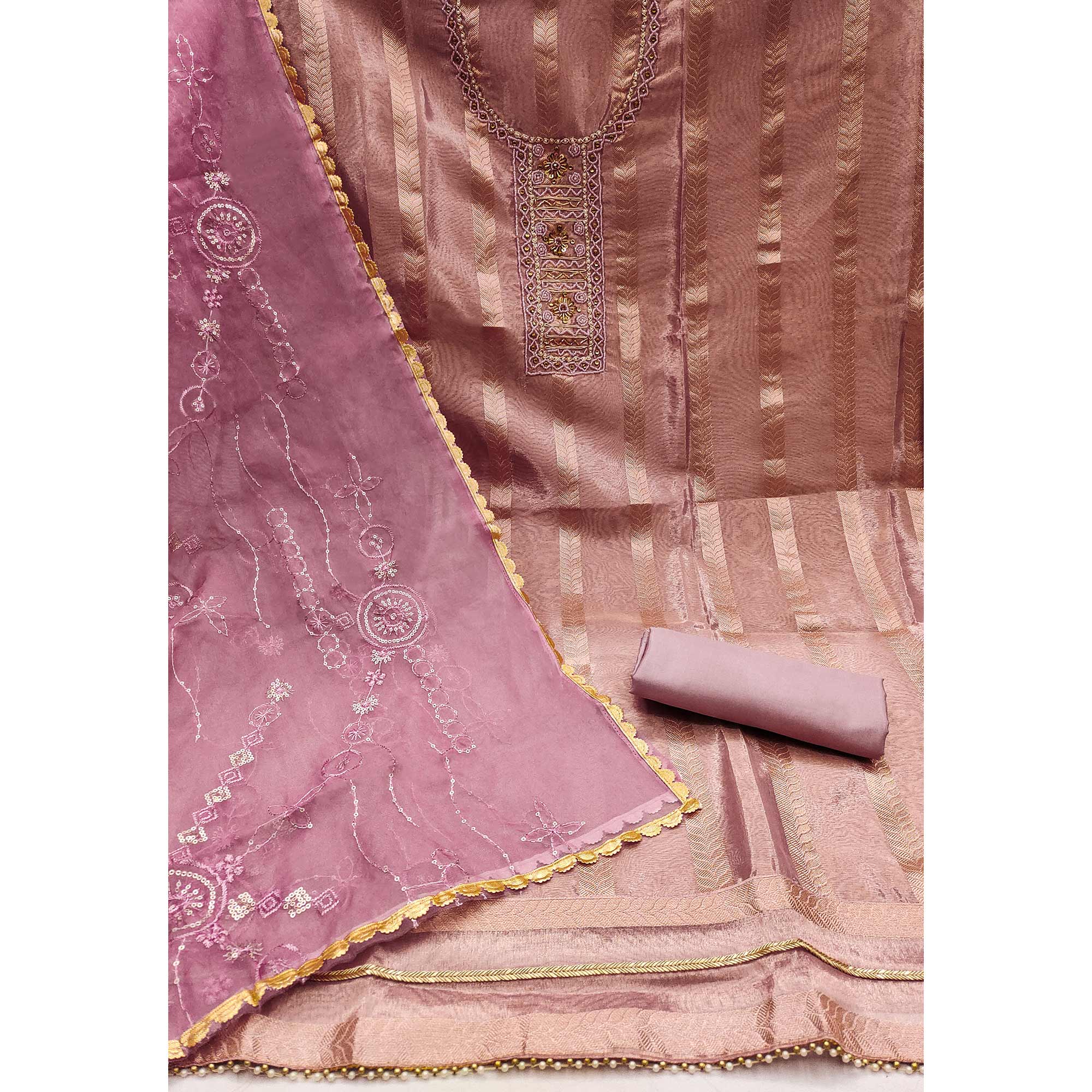 Mauve Sequins Hand Embroidery Organza Dress Material - Image 4