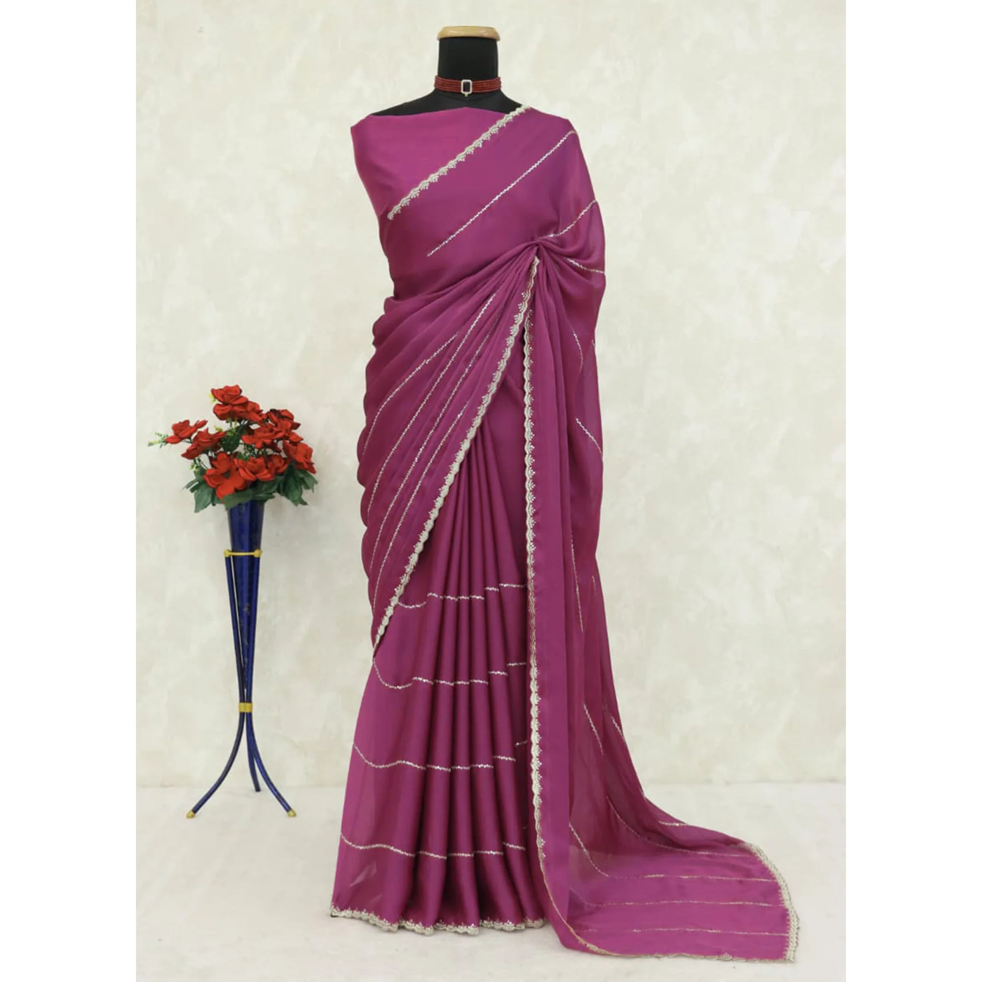 Mauve Soft Satin Chiffon Saree Adorned with Intricate Sequins Detailing - Image 9