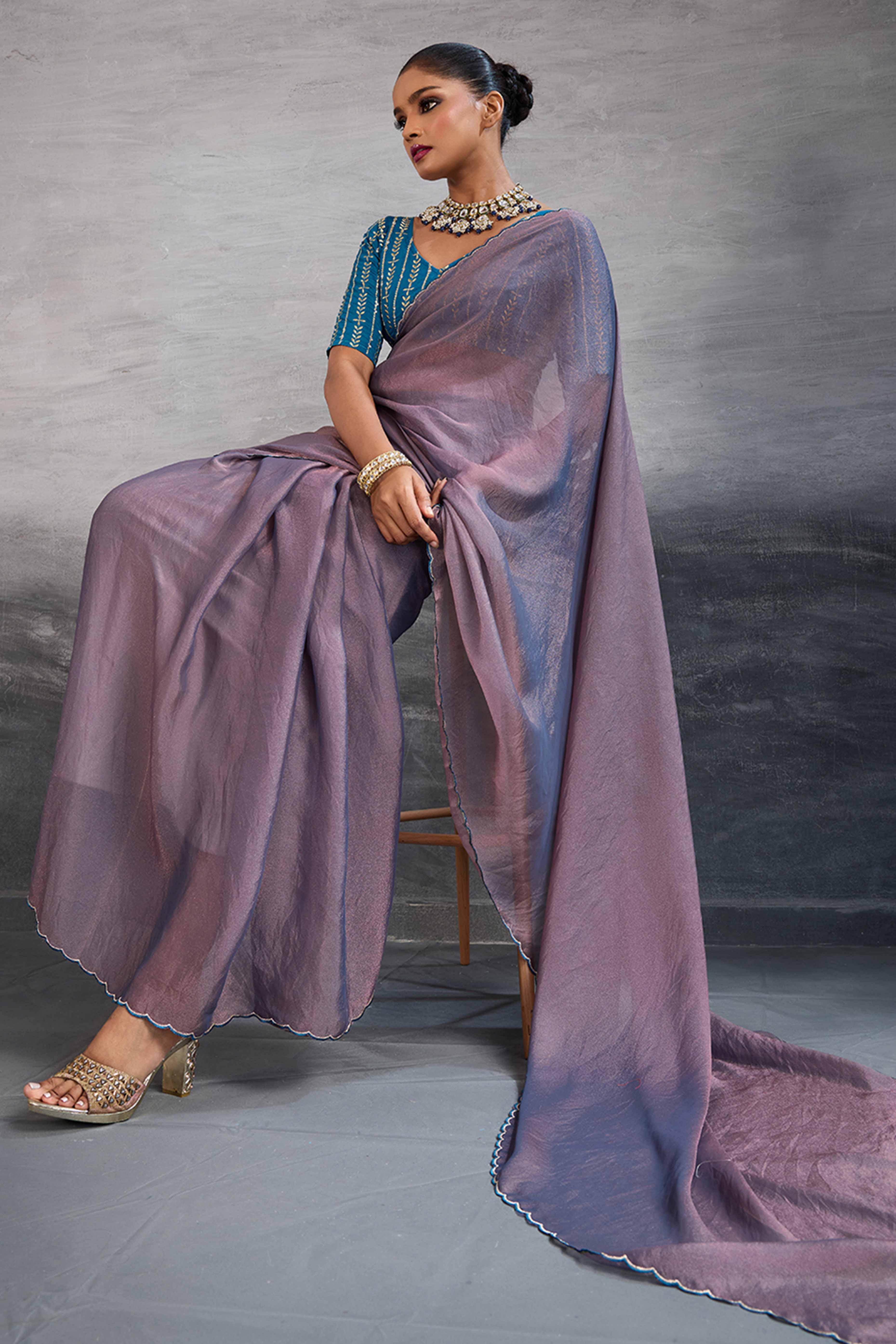 Mauve Solid Organza Jimmy Choo Saree Accentuated With Elegant Cutwork Border Detailing - Image 3