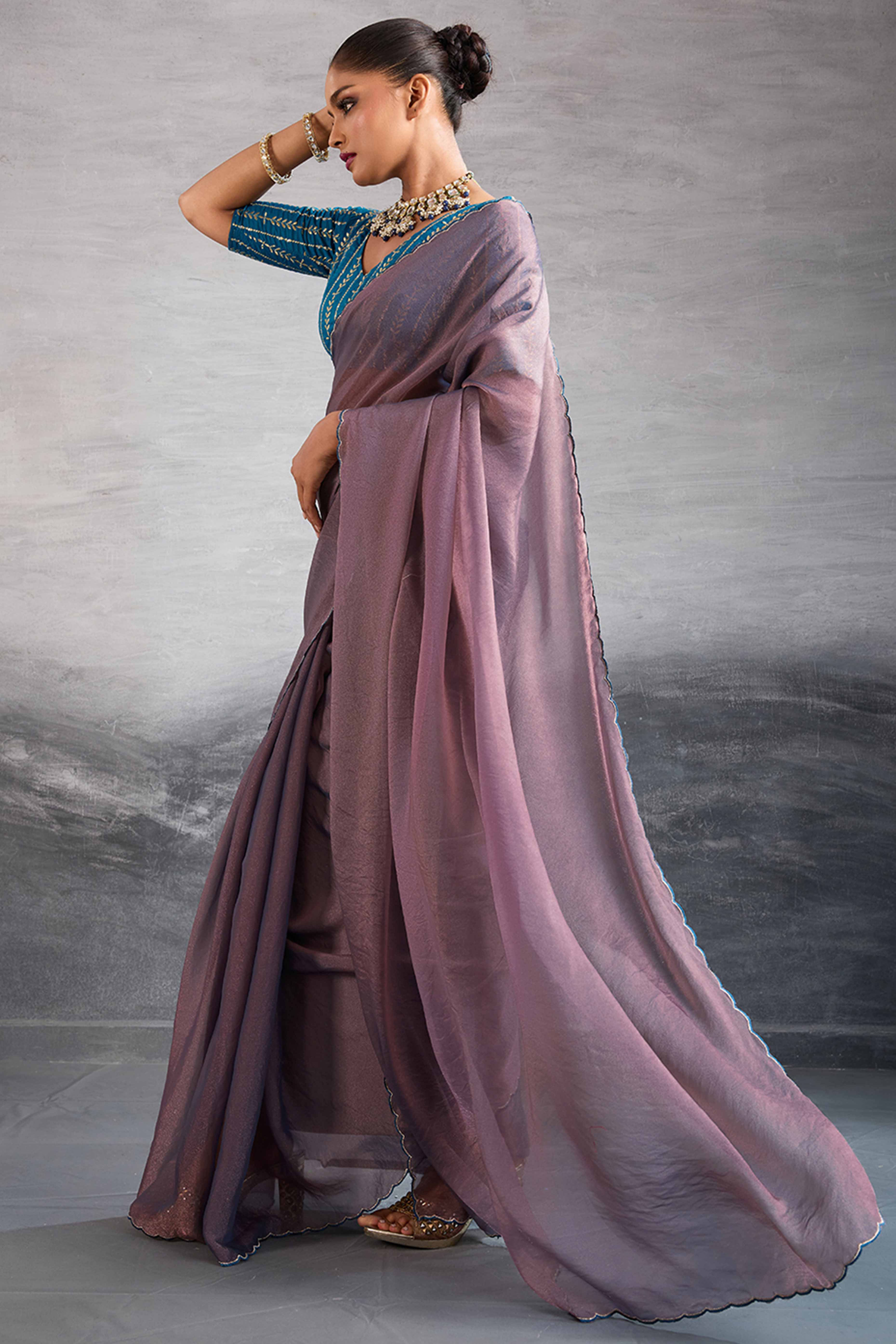 Mauve Solid Organza Jimmy Choo Saree Accentuated With Elegant Cutwork Border Detailing - Image 4